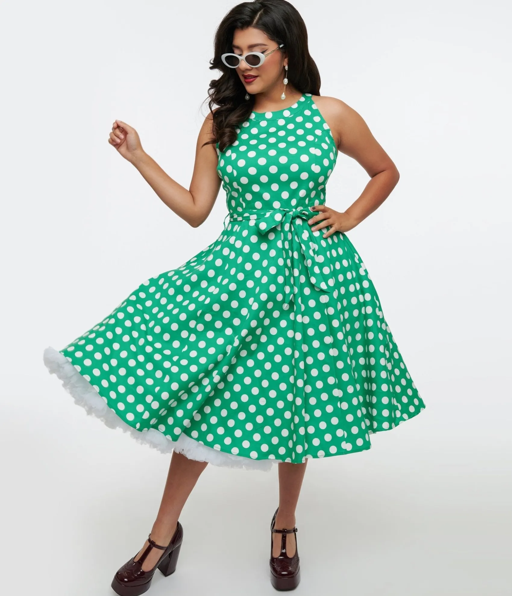 Unique Vintage 1950s Green & White Polka Dot Tie Swing Dress Best Sale