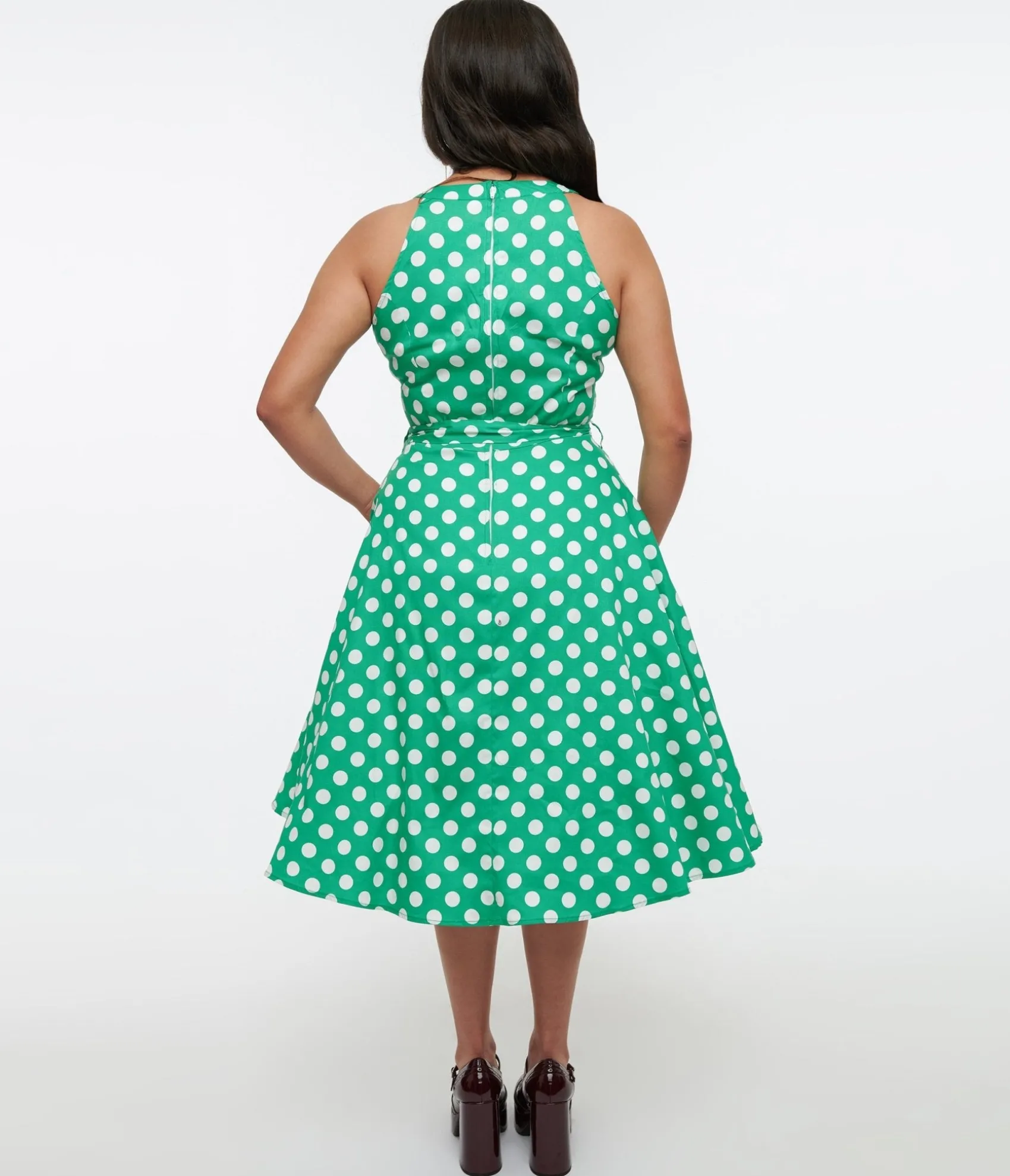 Unique Vintage 1950s Green & White Polka Dot Tie Swing Dress Best Sale