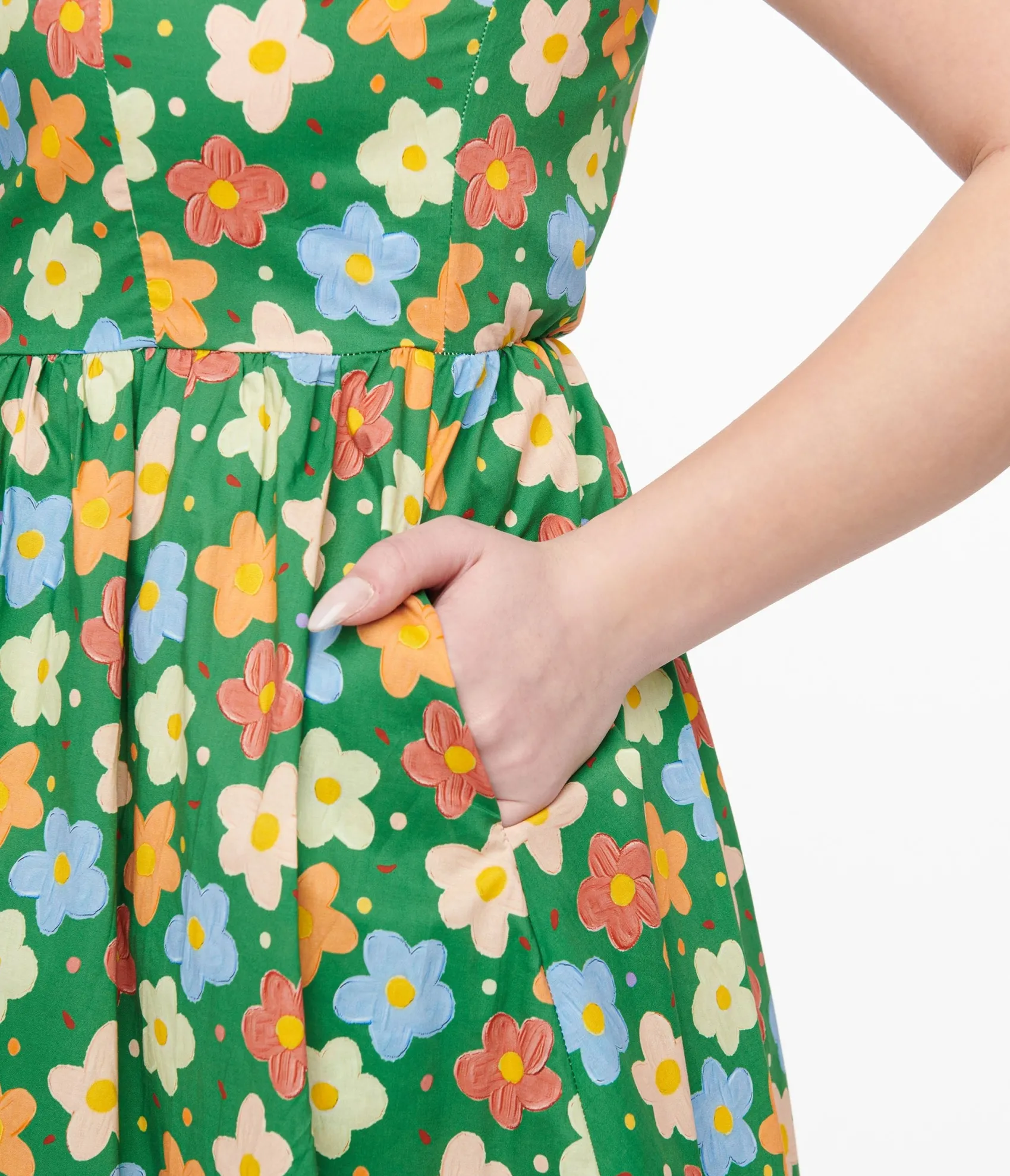 Unique Vintage 1950s Green Retro Floral Cotton Fit & Flare Dress Fashion