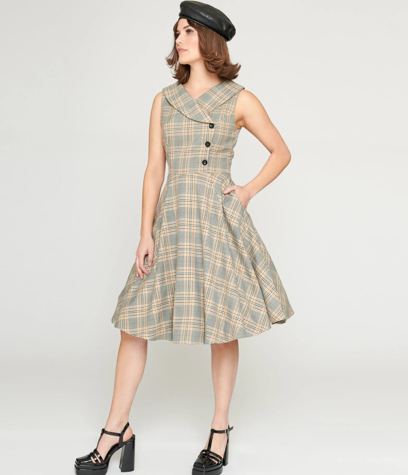 Unique Vintage 1950s Grey Plaid Swing Dress Clearance