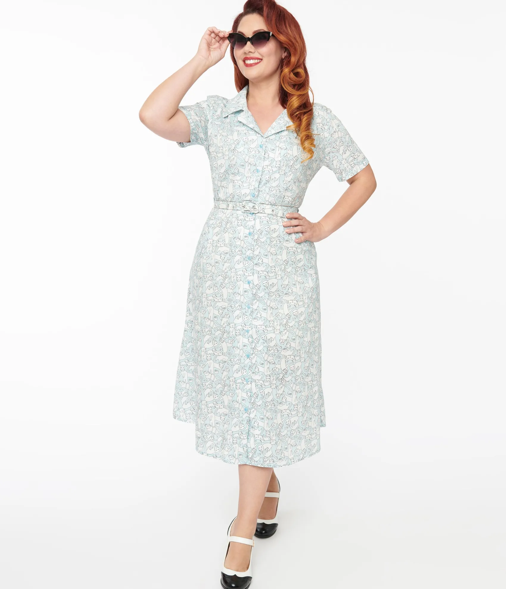 Unique Vintage 1940s Light Blue & White Cat Print Cotton Midi Dress Clearance
