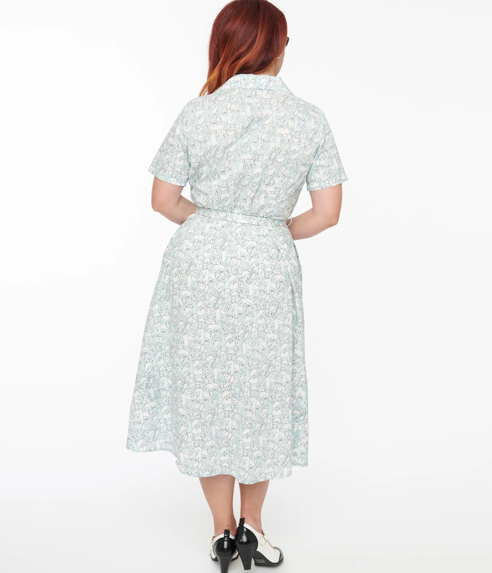 Unique Vintage 1940s Light Blue & White Cat Print Cotton Midi Dress Clearance