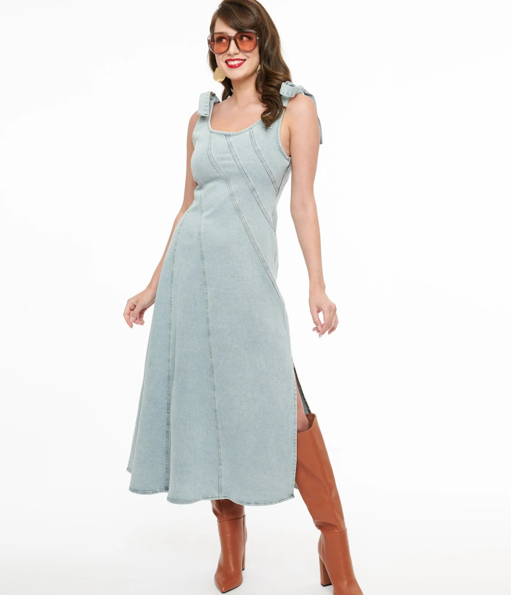 Unique Vintage 1970s Light Blue Denim Midi Dress Cheap