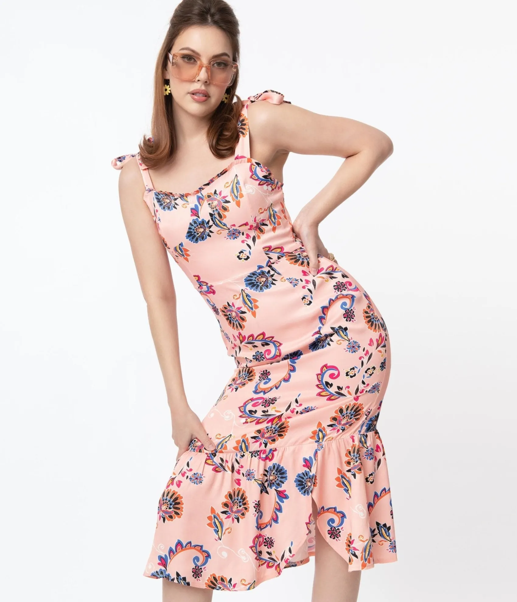Unique Vintage 1940s Light Pink & Paisley Floral Print Devika Pencil Dress Clearance