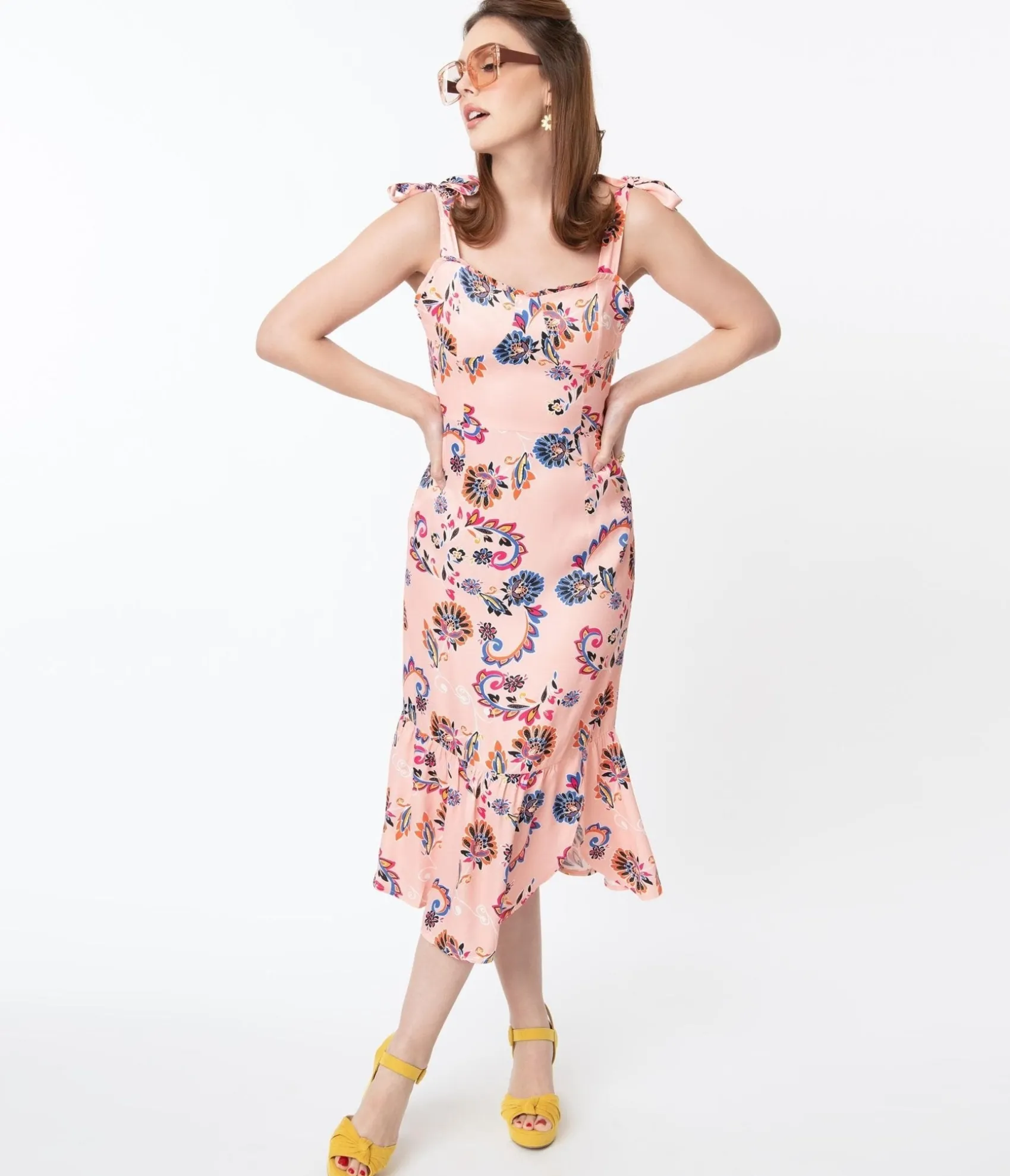Unique Vintage 1940s Light Pink & Paisley Floral Print Devika Pencil Dress Clearance