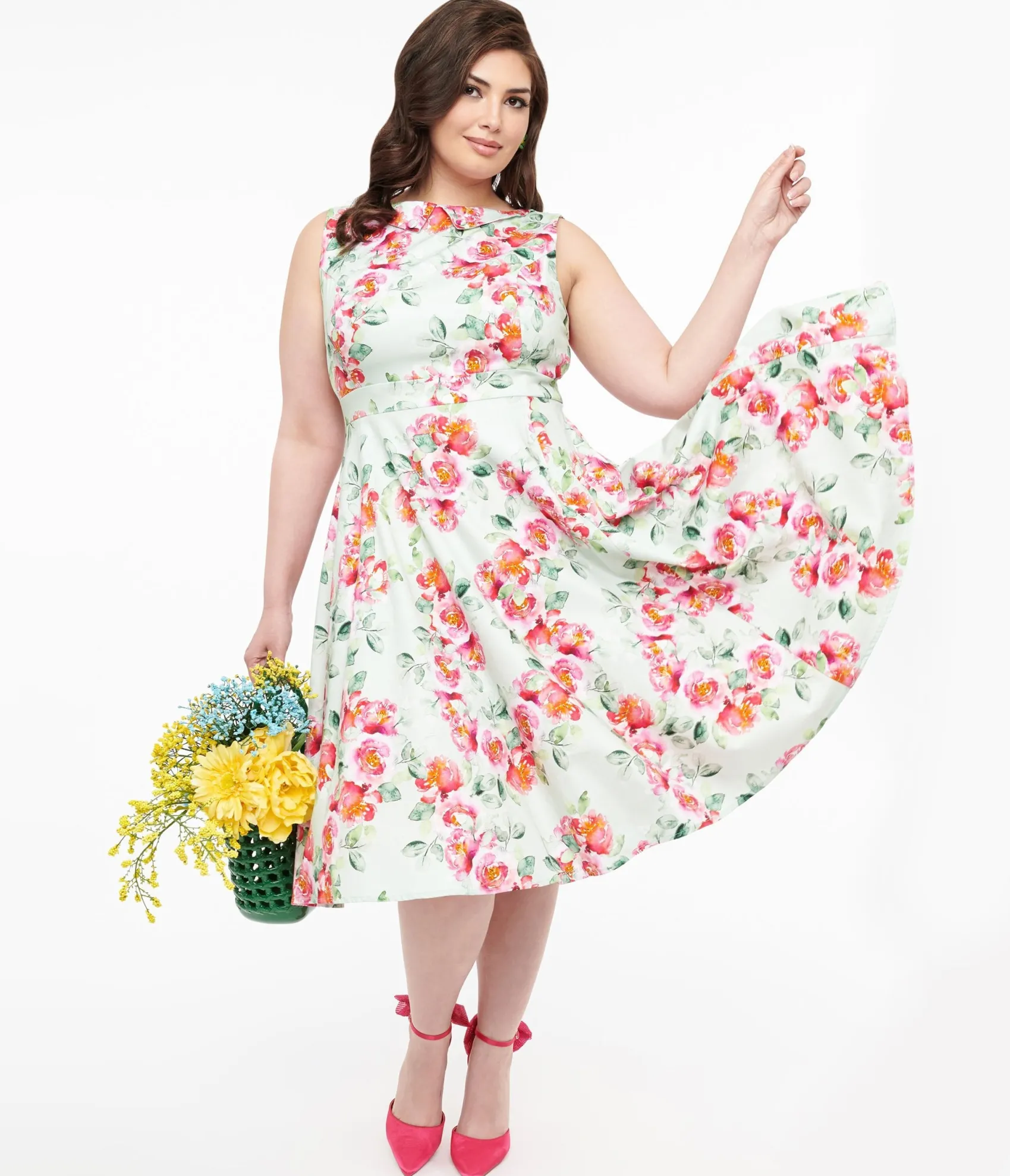 Unique Vintage 1950s Mint Green & Pink Floral Print Cotton Marissa Swing Dress New