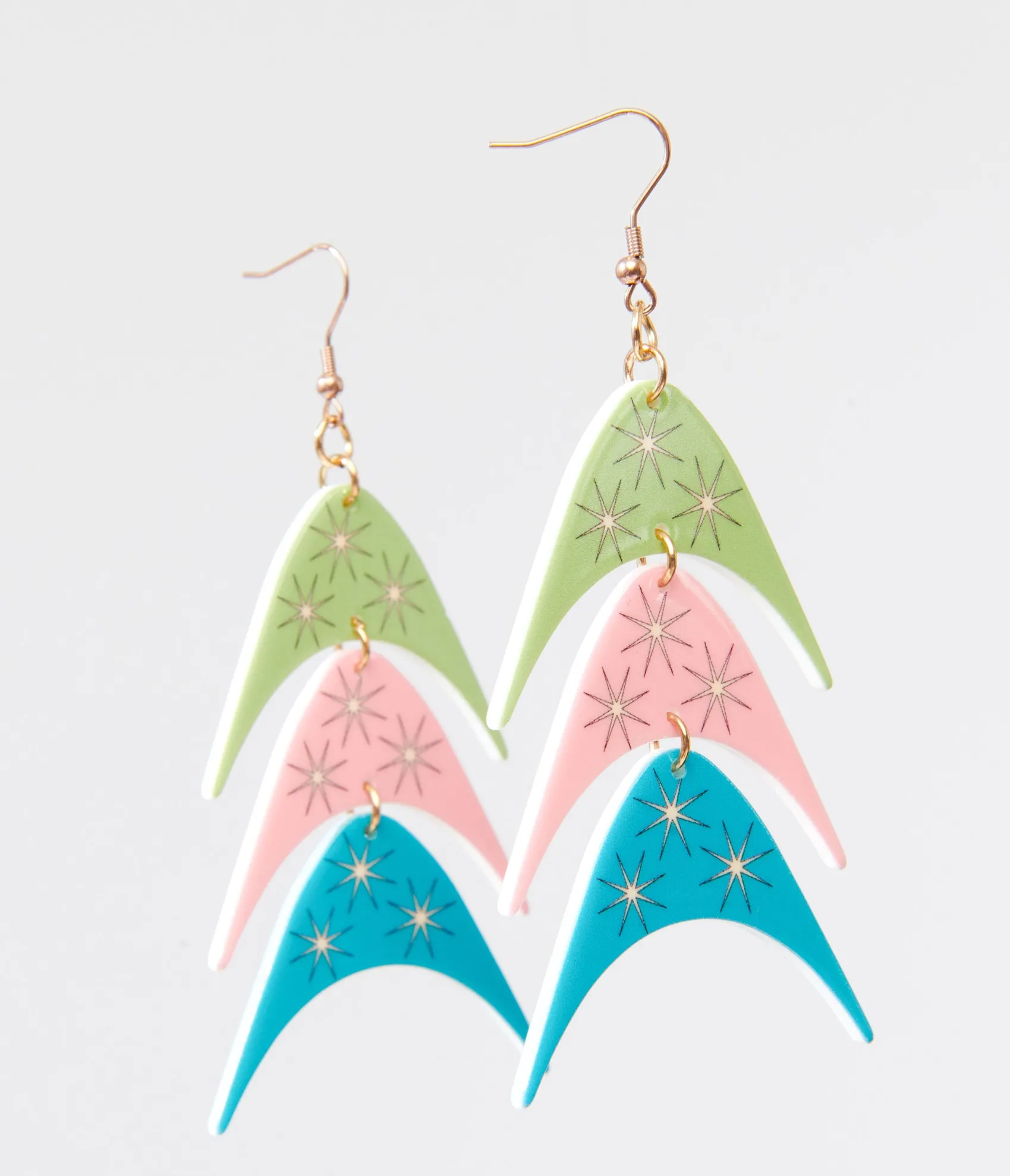 Unique Vintage 1950s Multicolor Boomerang Trio Earrings New