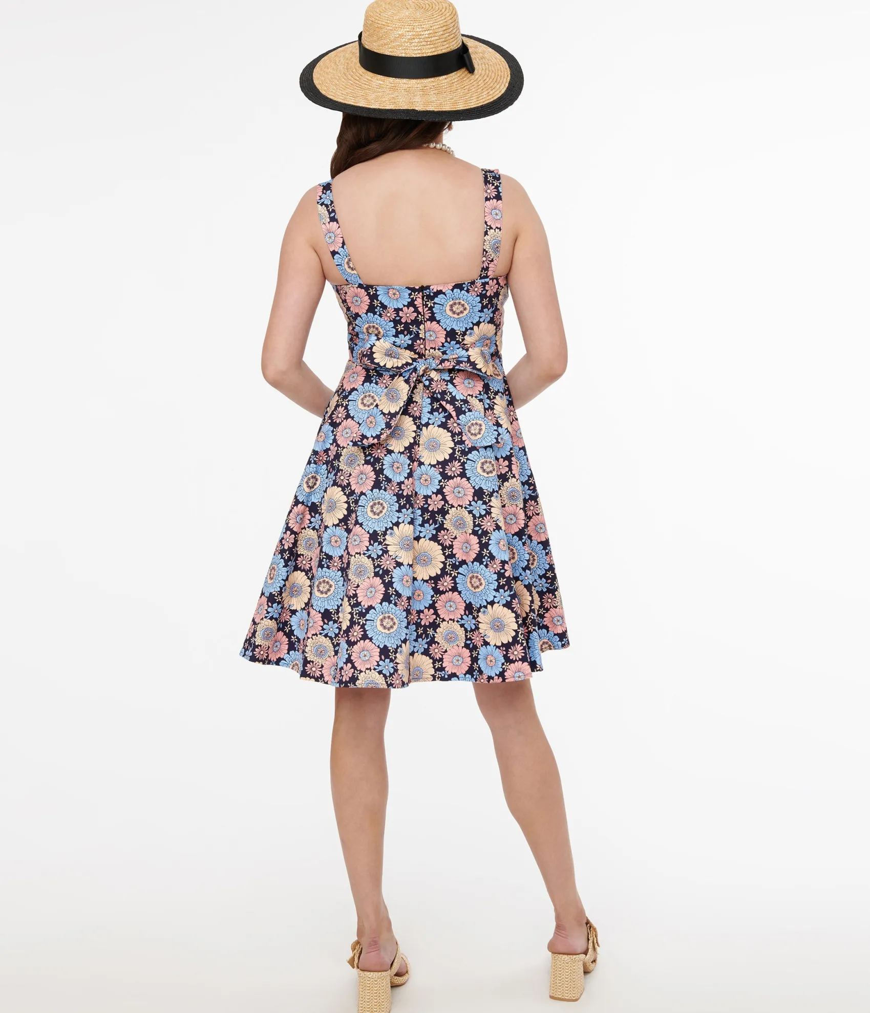 Unique Vintage 1950s Navy & Multicolor Daisy Print Cotton Flare Dress Fashion