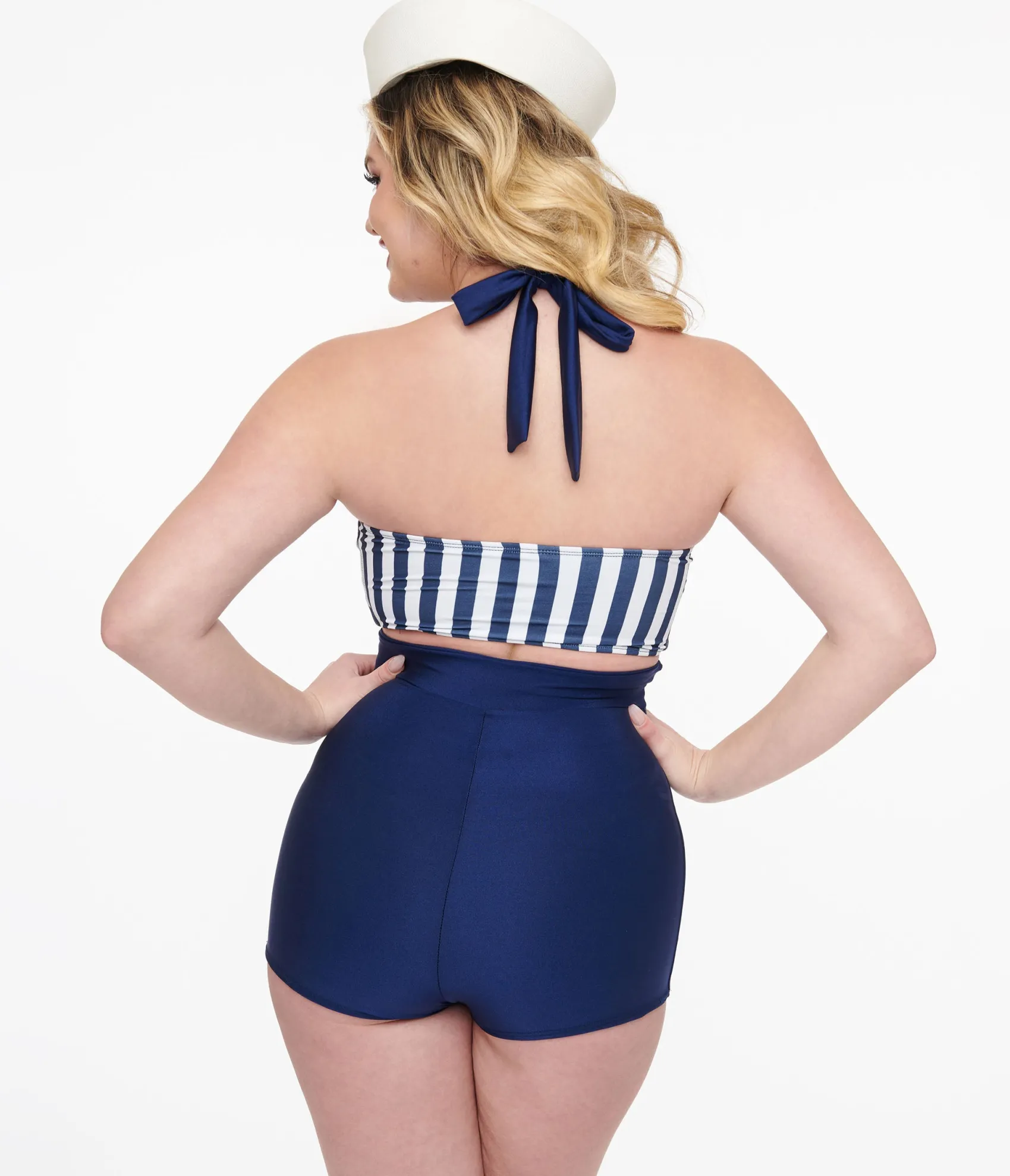Unique Vintage 1950s Navy Overall Halter Pants & Striped Tube Top Swim Set Discount