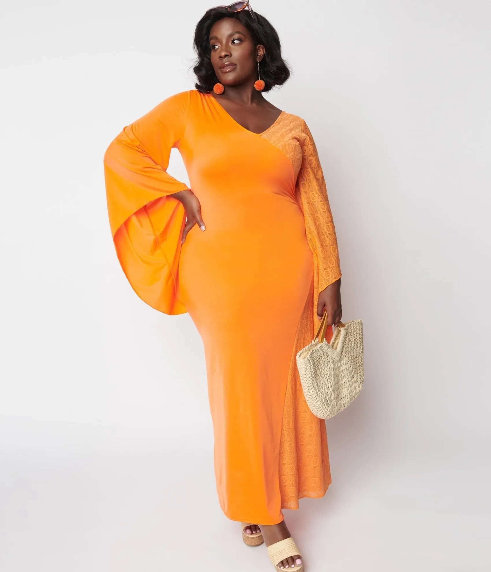 Unique Vintage 1970s Neon Orange Lace Maxi Dress Store