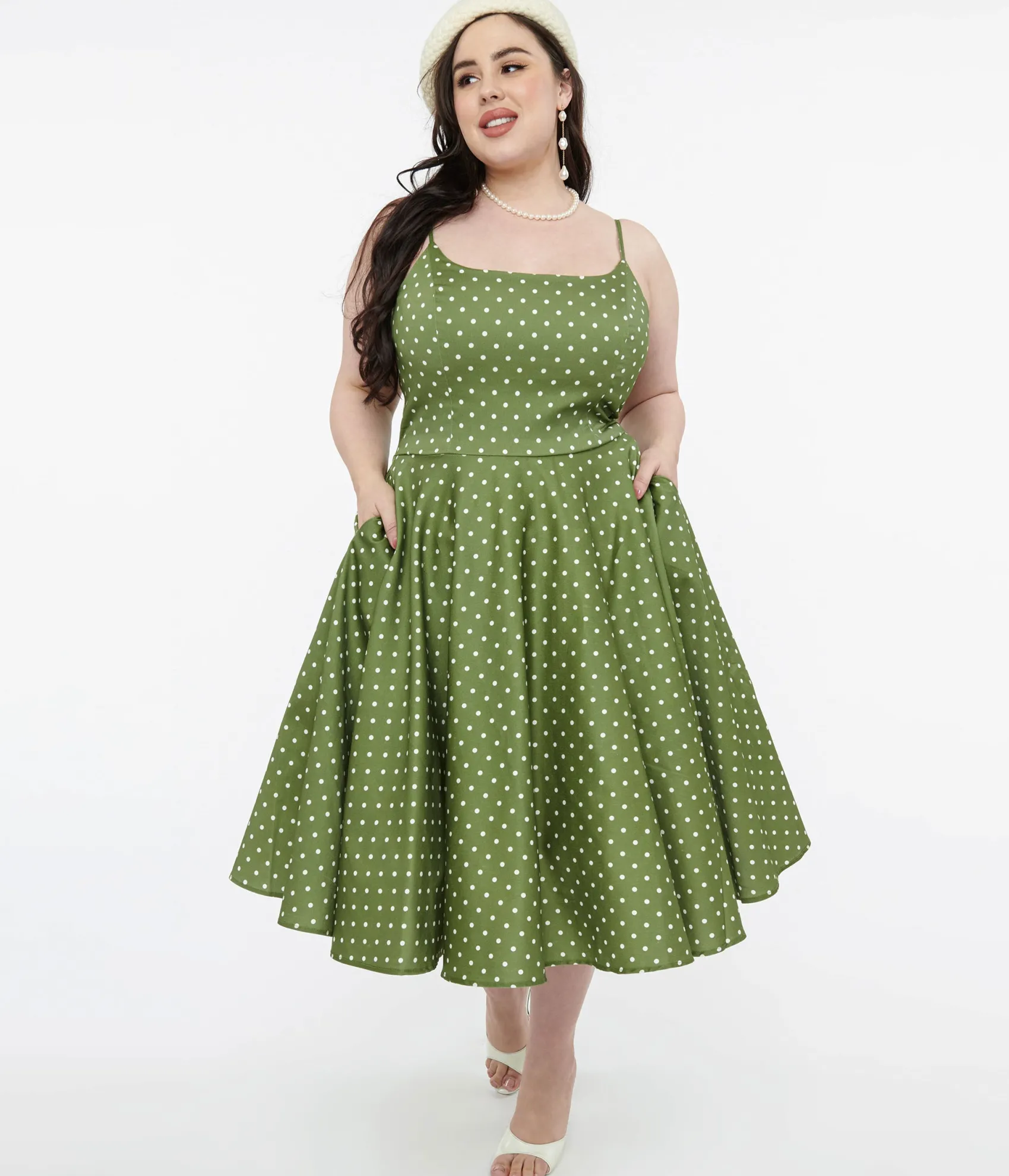 Unique Vintage 1950s Olive Green & White Polka Dot Peggy Cotton Swing Dress Best