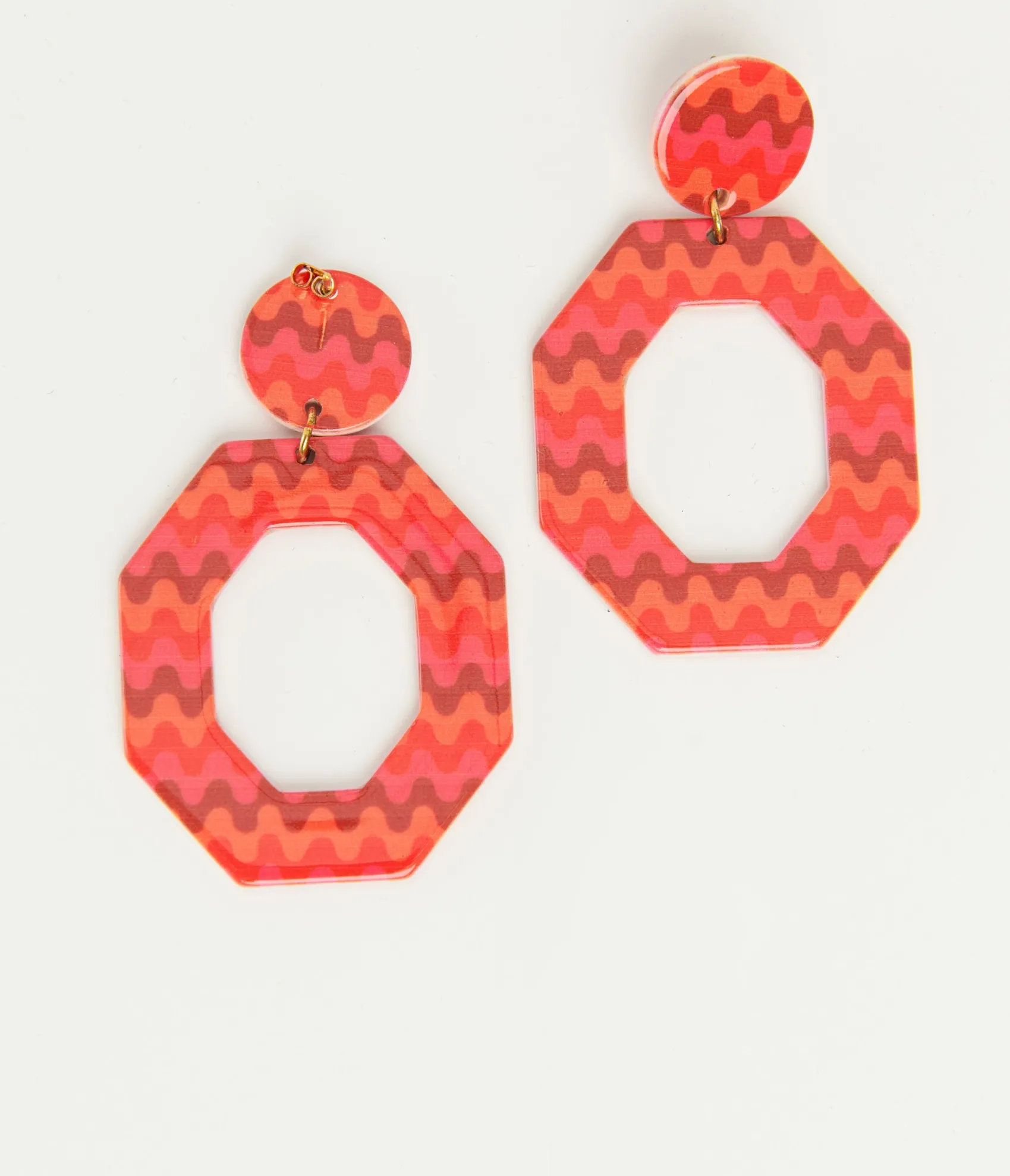 Unique Vintage 1970s Orange & Red Chevron Octagon Earrings New