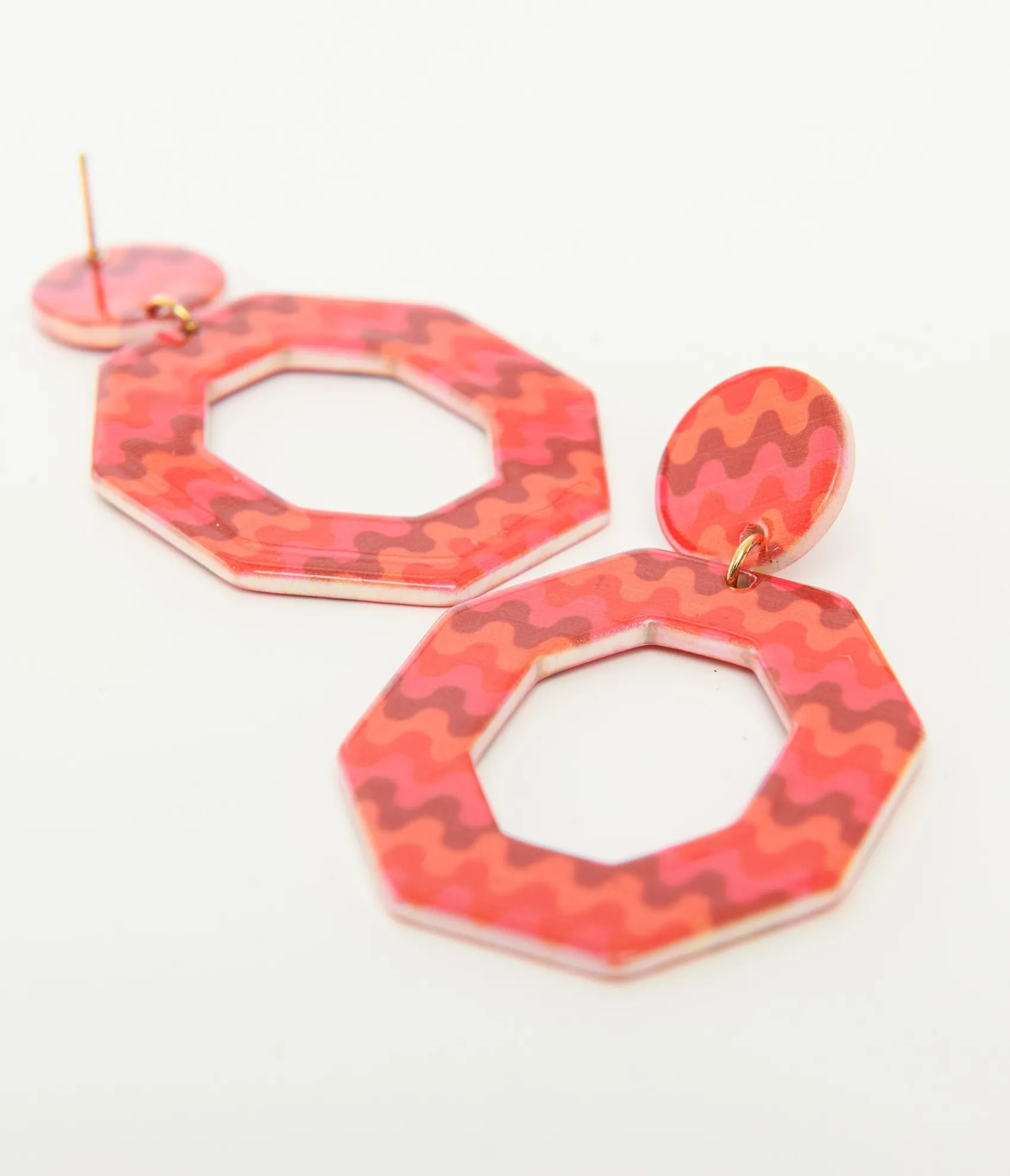 Unique Vintage 1970s Orange & Red Chevron Octagon Earrings New