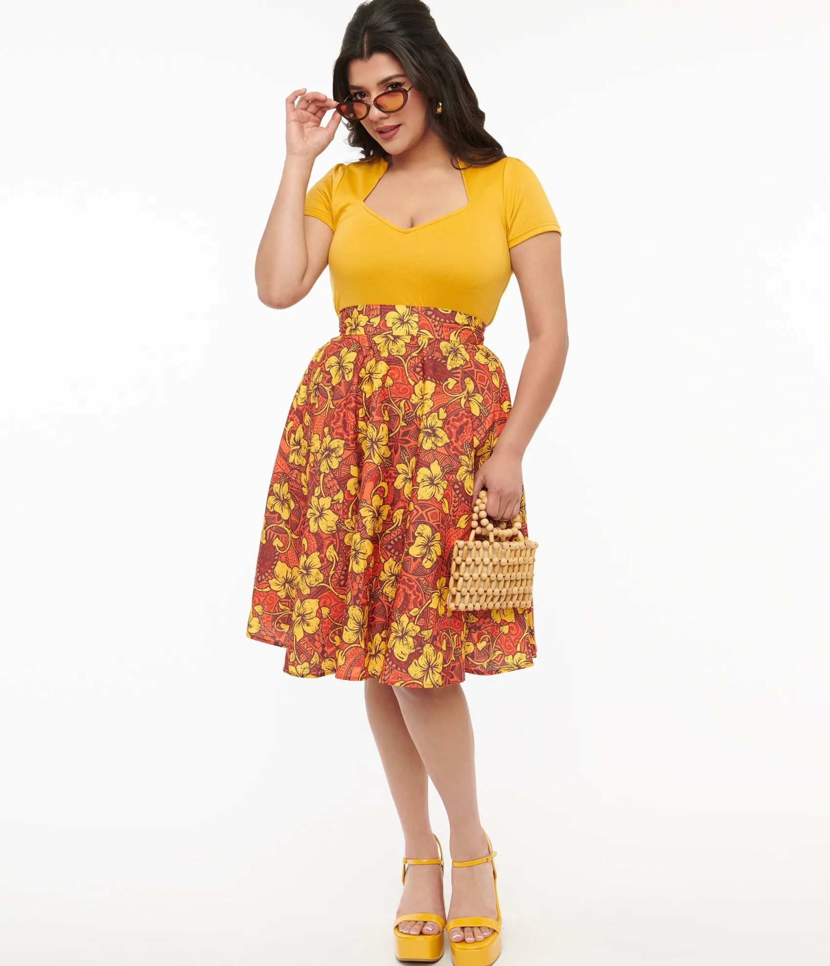 Unique Vintage 1950s Orange & Yellow Tropical Floral Mimosa Swing Skirt Fashion