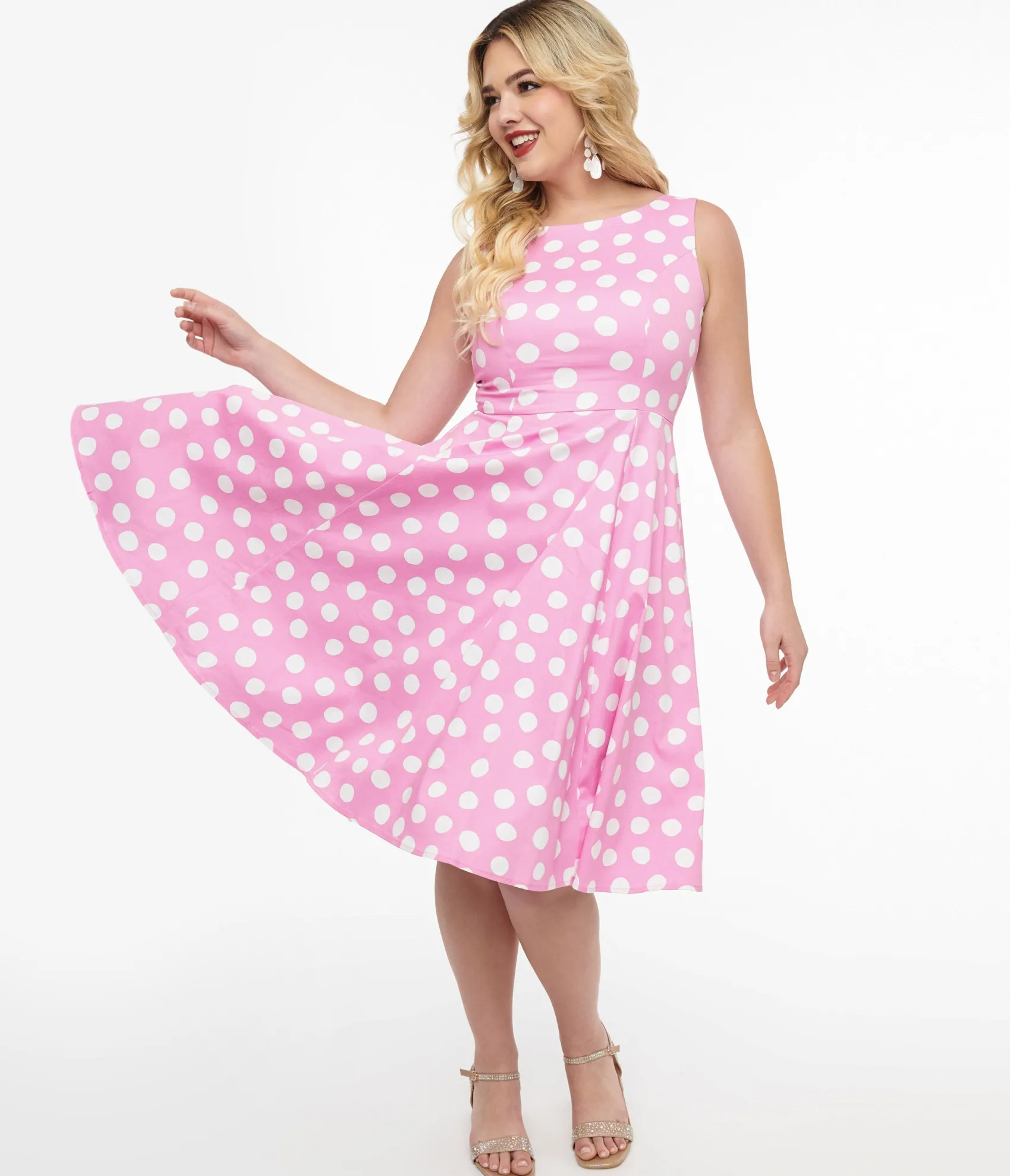 Unique Vintage 1950s Pink & White Polka Dot Cotton Lyra Swing Dress Clearance