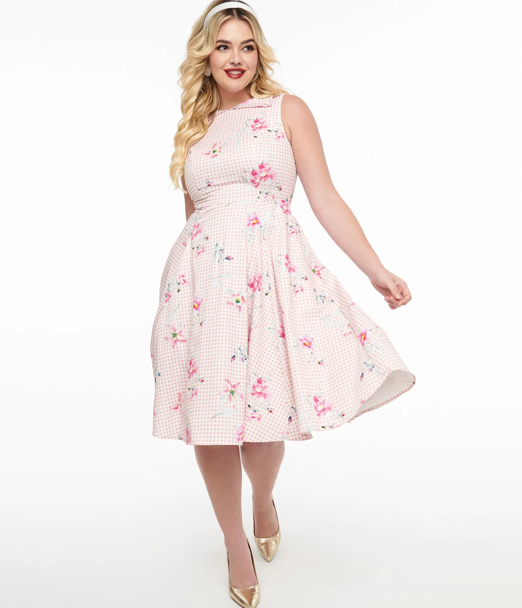 Unique Vintage 1950s Pink Gingham & Floral Cotton Swing Dress Fashion