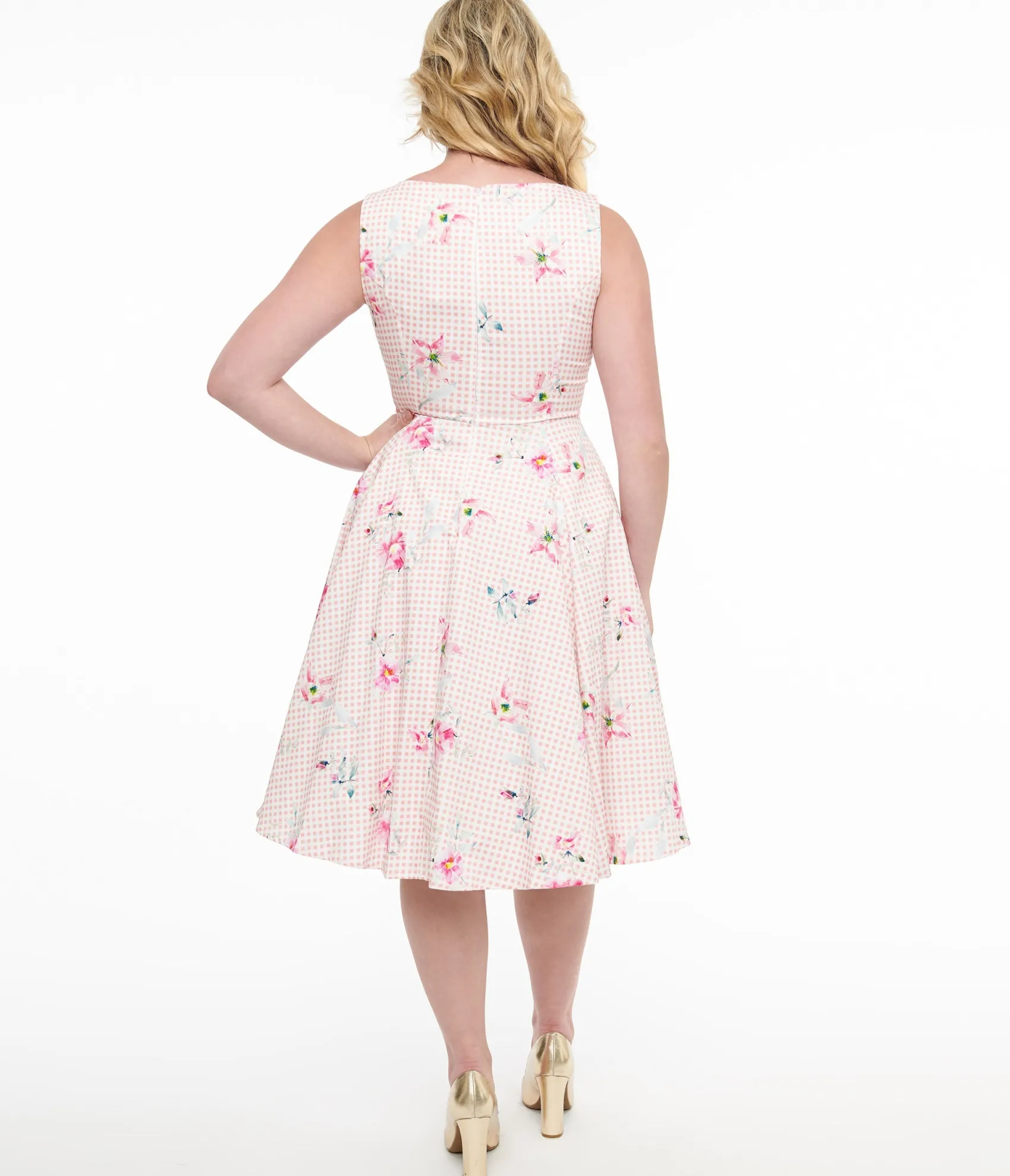 Unique Vintage 1950s Pink Gingham & Floral Cotton Swing Dress Fashion