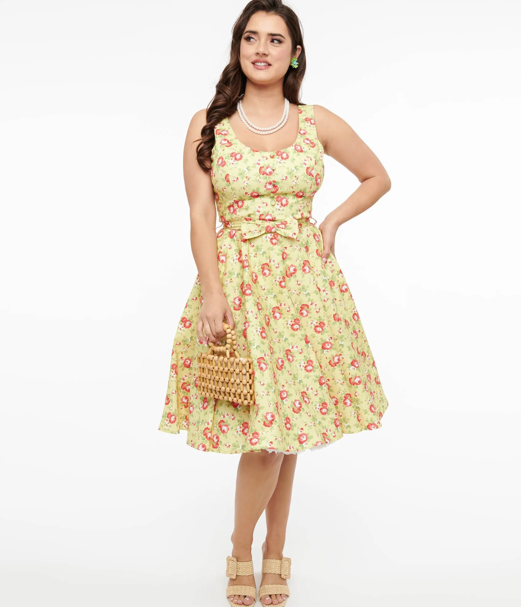 Unique Vintage 1950s Pistachio Green & Pink Floral Cotton Selda Swing Dress Outlet