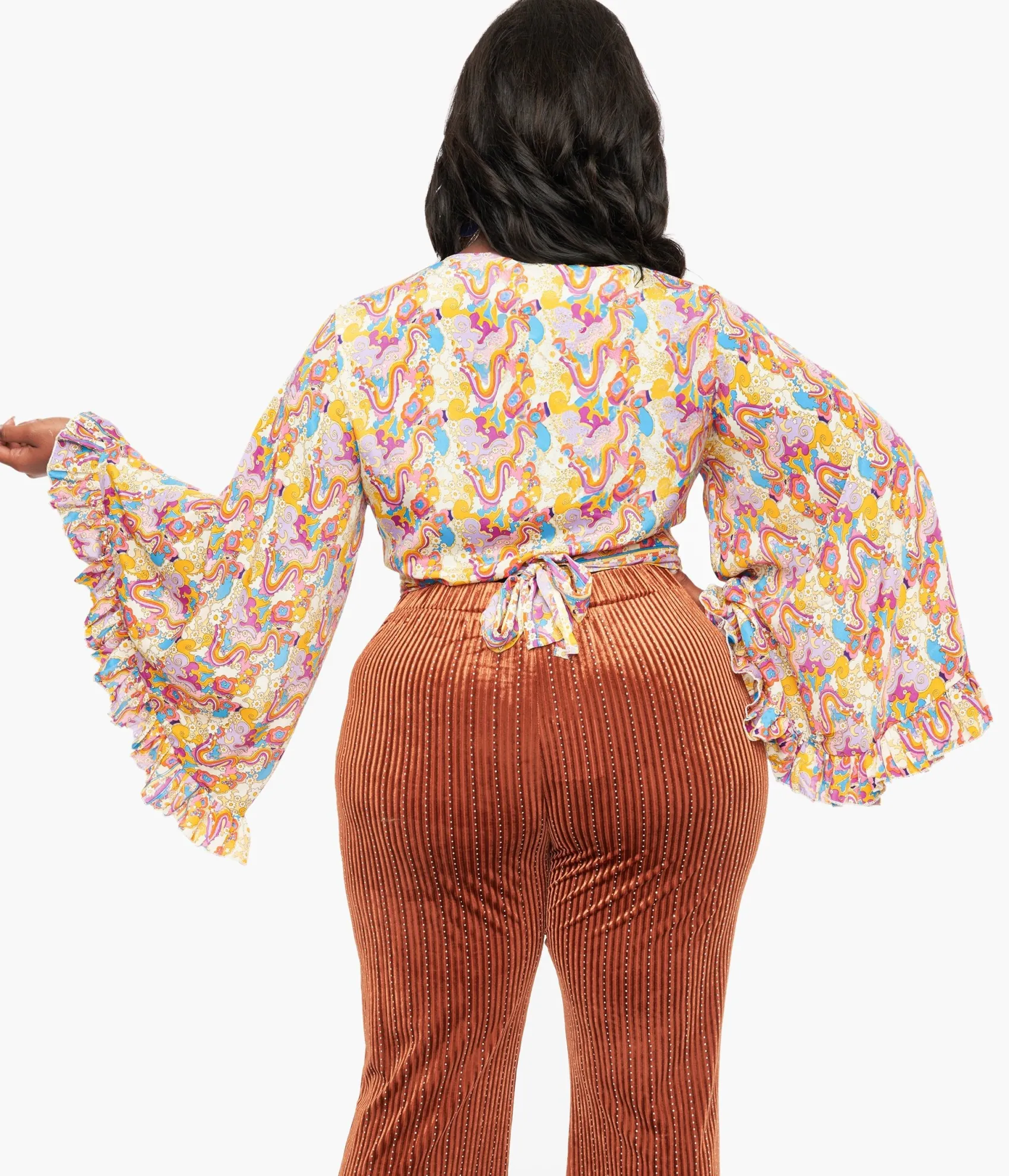 Unique Vintage 1970s Rainbow Floral Silk Bell Sleeve Wrap Simona Top Best Sale