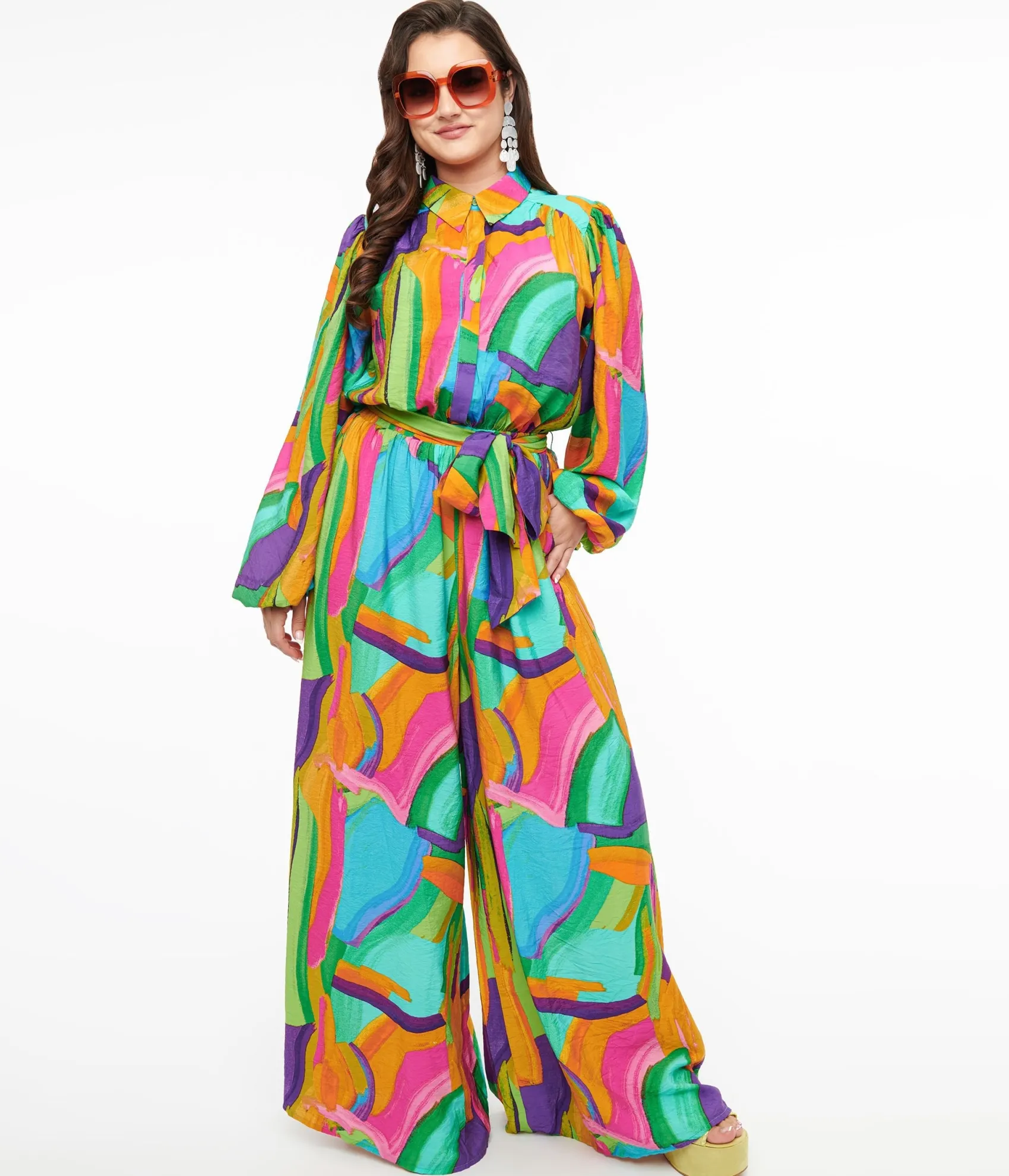 Unique Vintage 1970s Rainbow Geometric Long Sleeve Jumpsuit Cheap