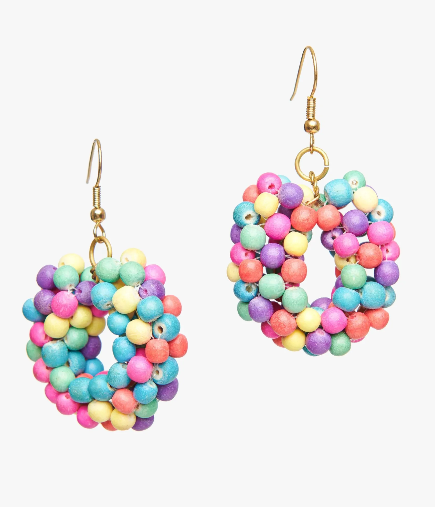 Unique Vintage 1980s Rainbow Wooden Bead Circle Earrings Cheap