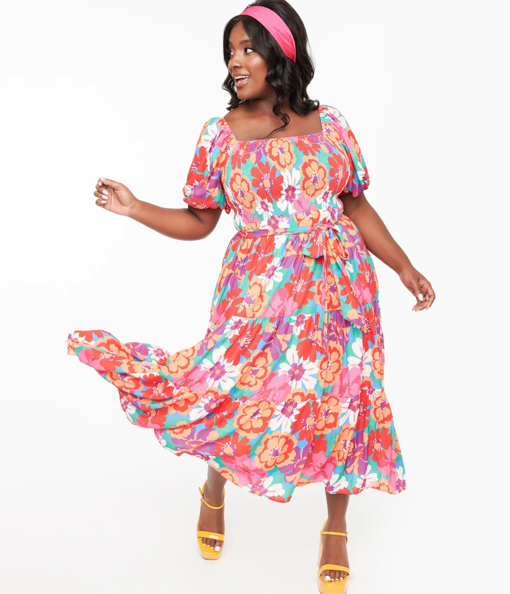 Unique Vintage 1970s Red & Pink Abstract Floral Midi Dress Clearance