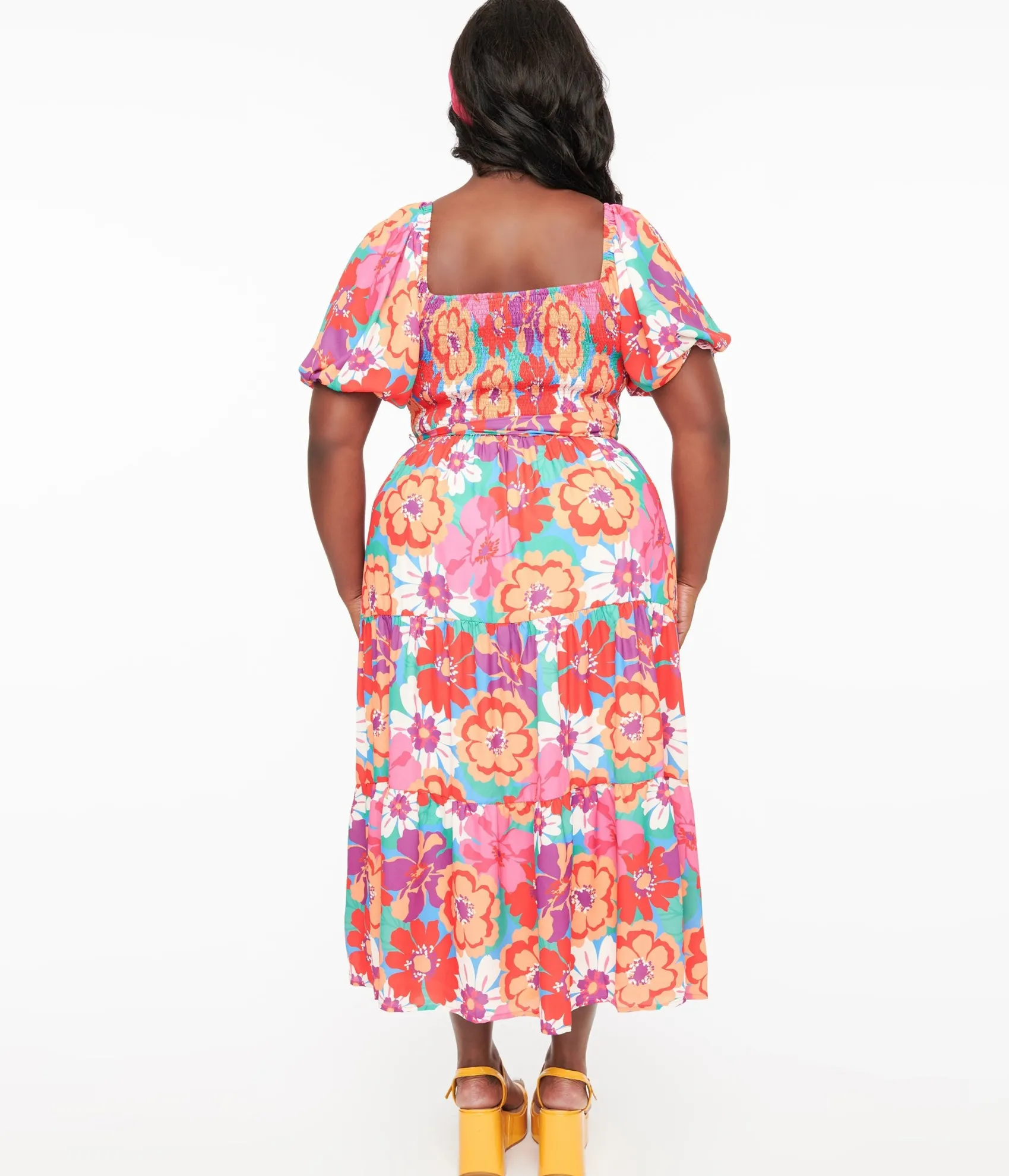 Unique Vintage 1970s Red & Pink Abstract Floral Midi Dress Clearance