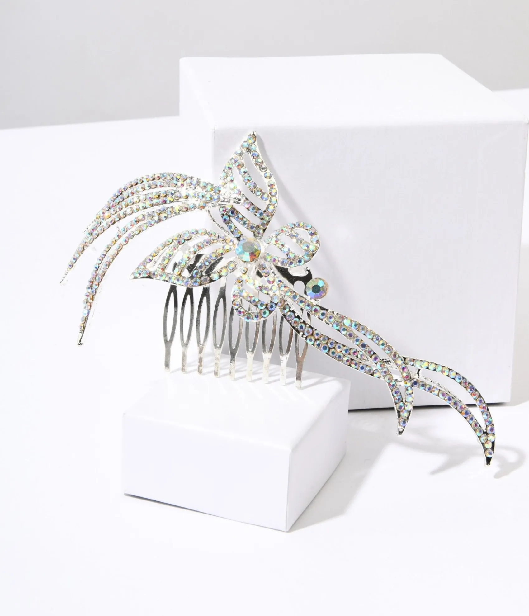 Unique Vintage 1920s Silver & Rainbow Rhinestone Butterfly Tiara Hair Comb Outlet
