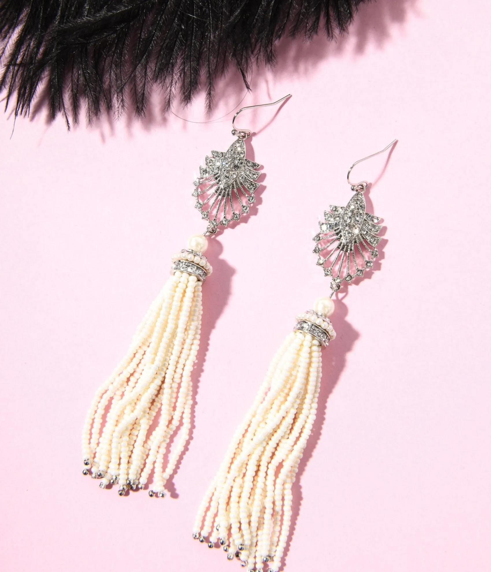 Unique Vintage 1920s Silver & White Beaded Deco Tassel Dangle Earrings Cheap