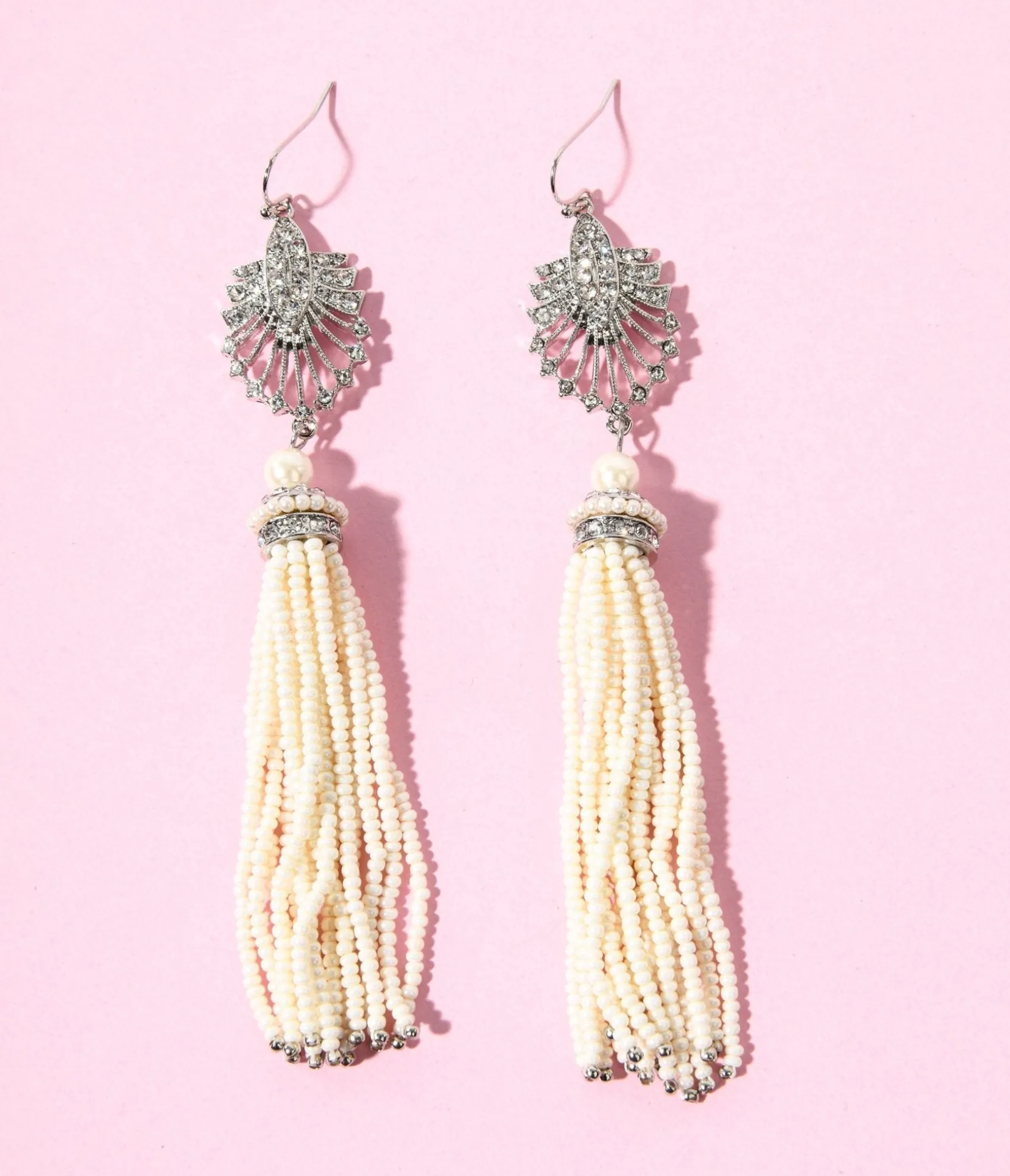 Unique Vintage 1920s Silver & White Beaded Deco Tassel Dangle Earrings Cheap