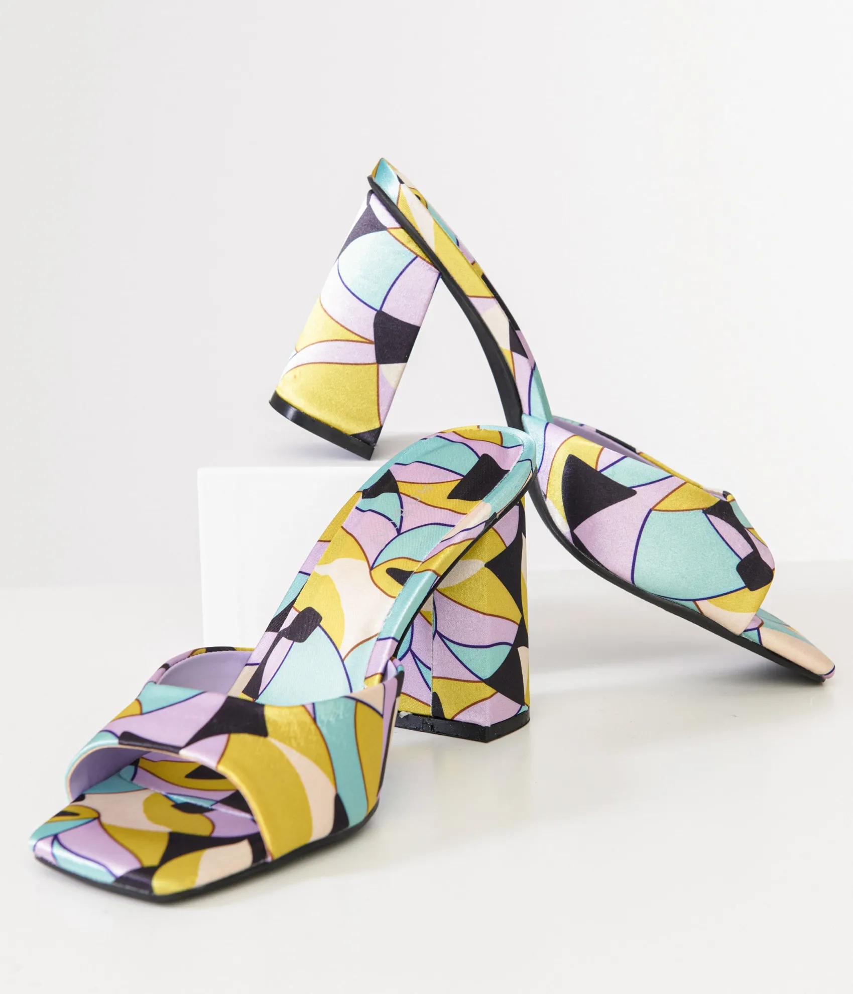 Unique Vintage 1960s Stained Glass Square Toe Mule Heels Clearance