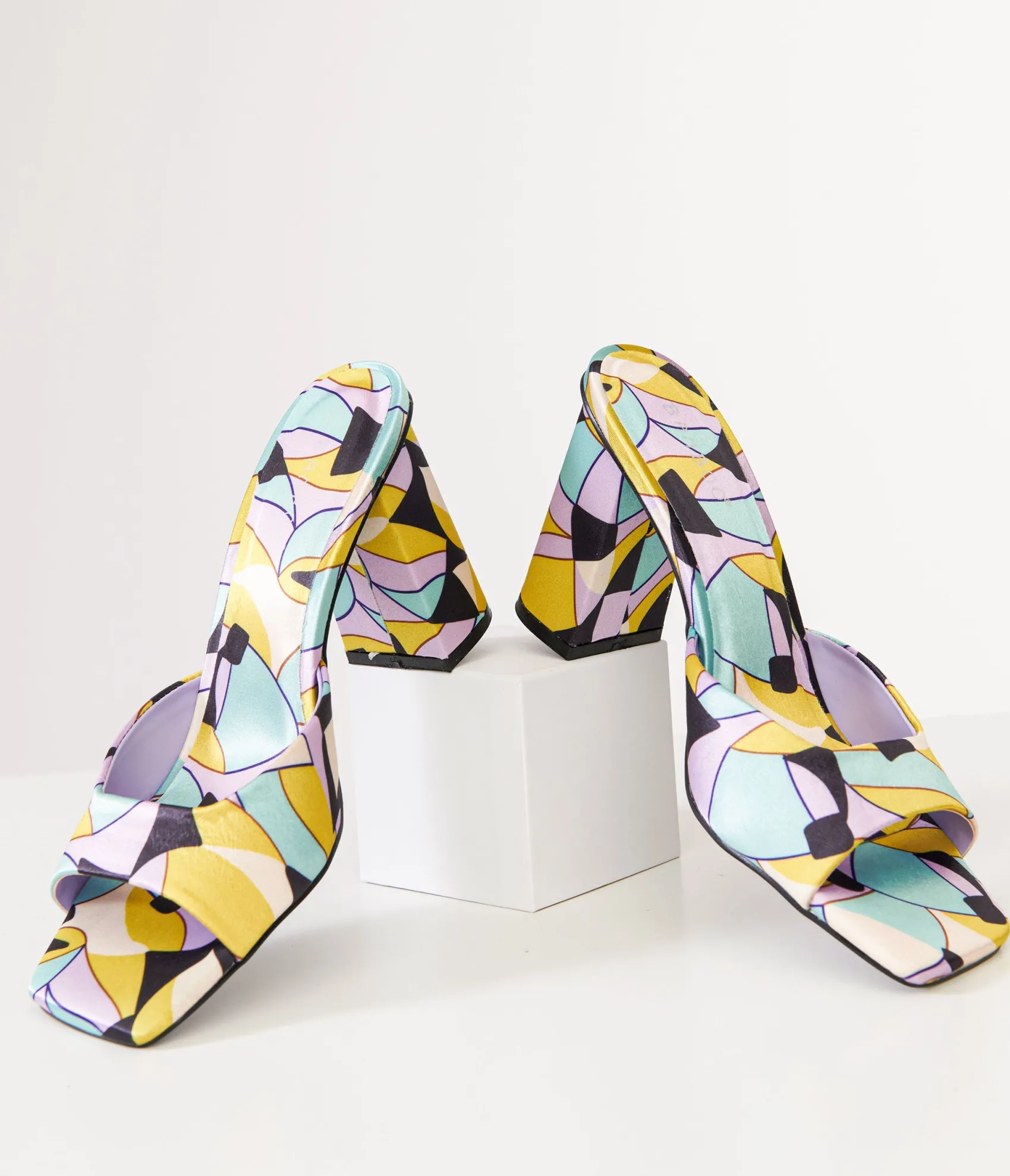 Unique Vintage 1960s Stained Glass Square Toe Mule Heels Clearance