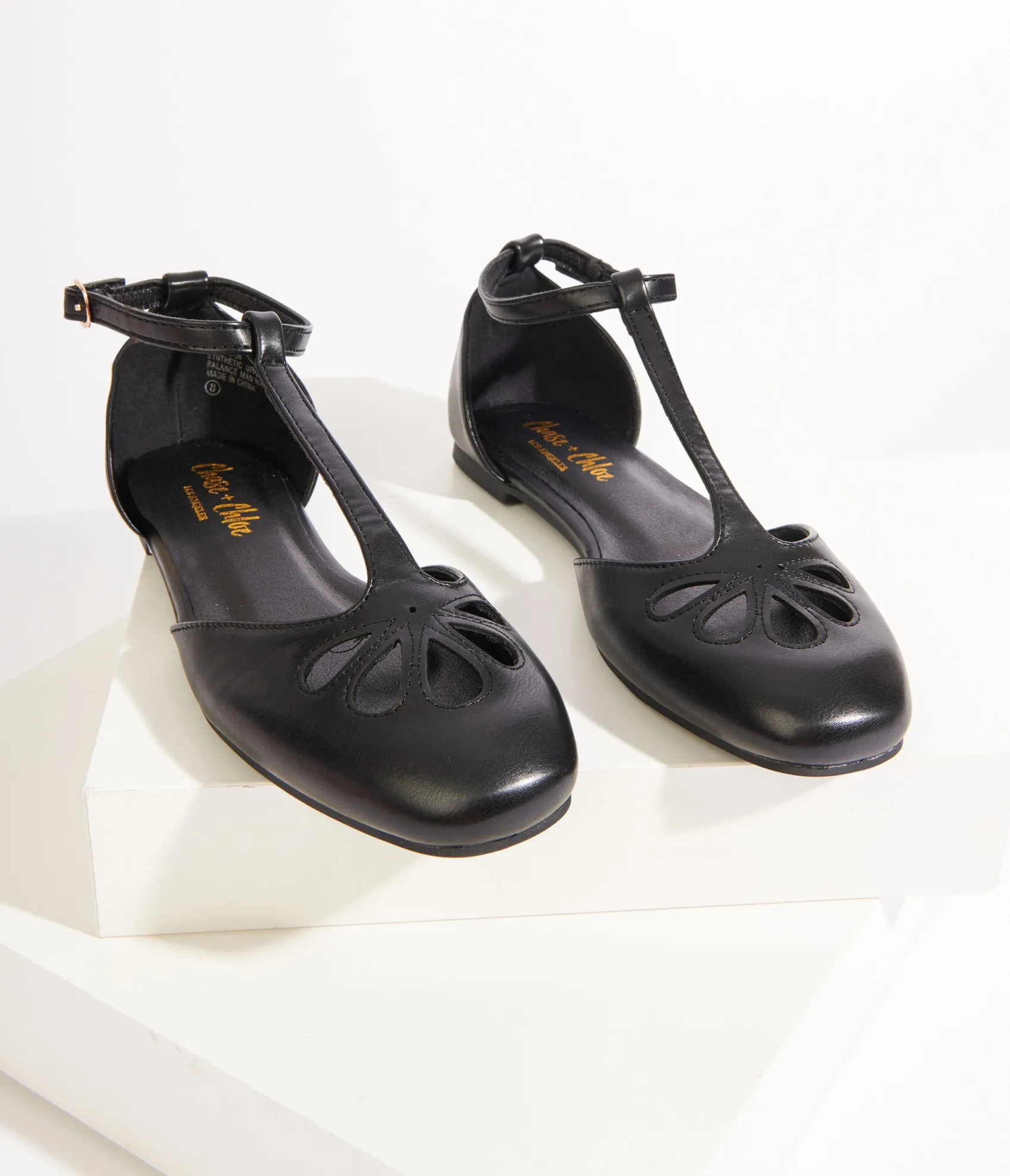 Unique Vintage 1920s Style Black Leatherette T-Strap Flats Cheap