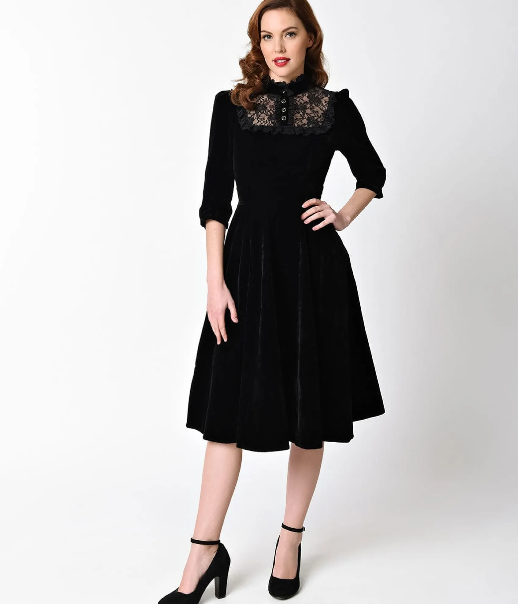 Unique Vintage 1940s Style Black Velvet & Lace Nightshade Half Sleeve Swing Dress Fashion