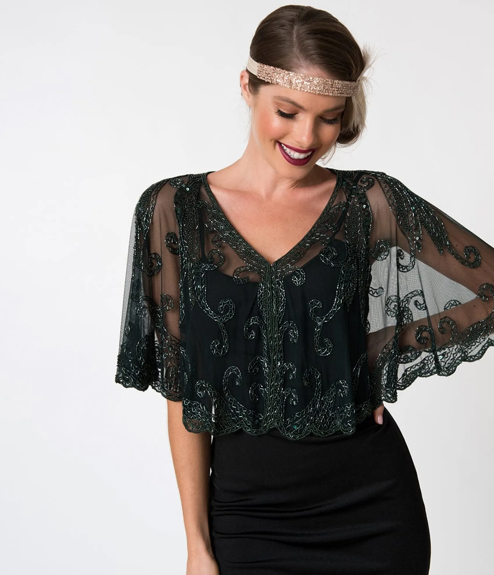 Unique Vintage 1920s Style Dark Green & Olive Beaded Sheer Mesh Capelet Store