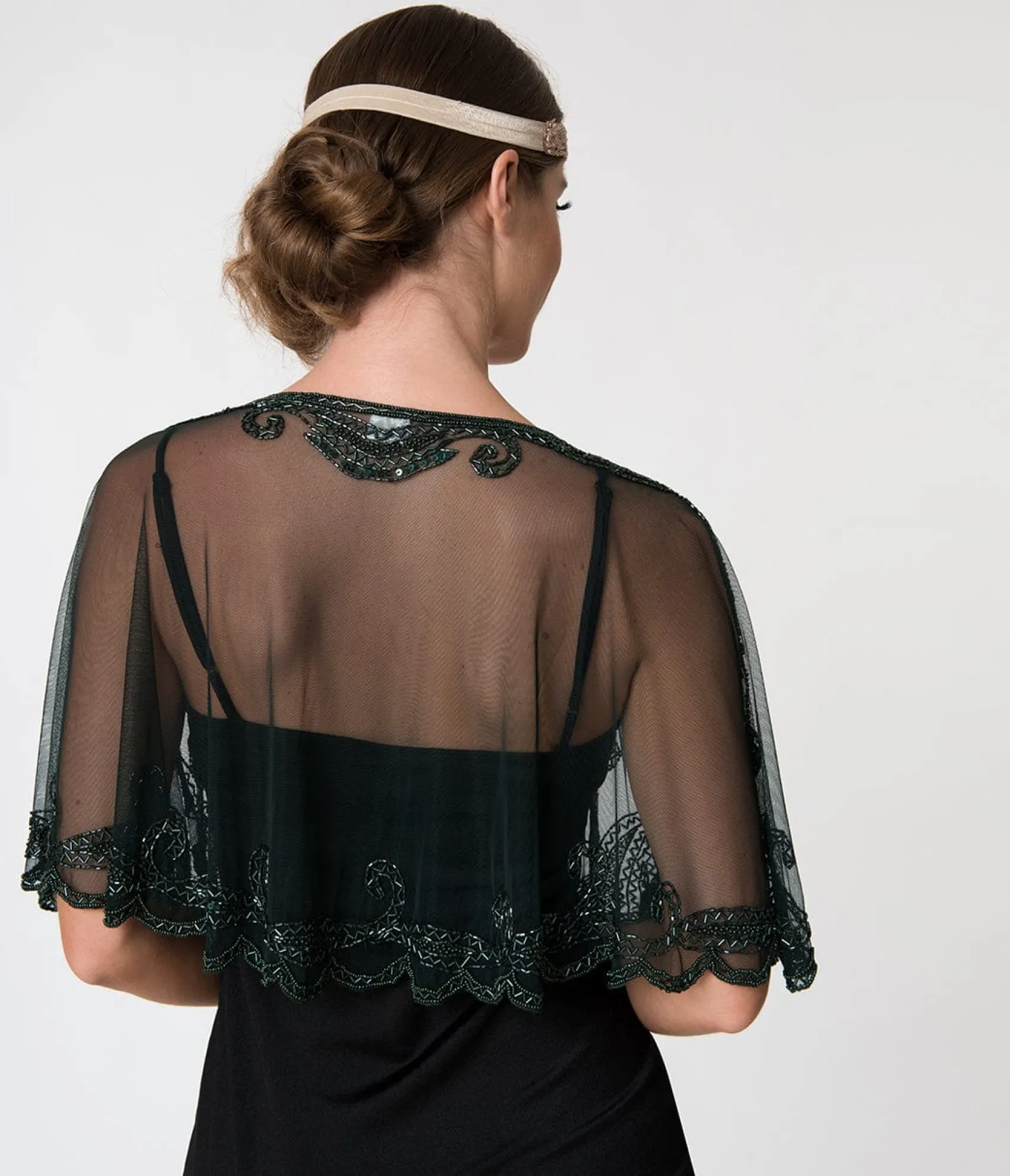 Unique Vintage 1920s Style Dark Green & Olive Beaded Sheer Mesh Capelet Store