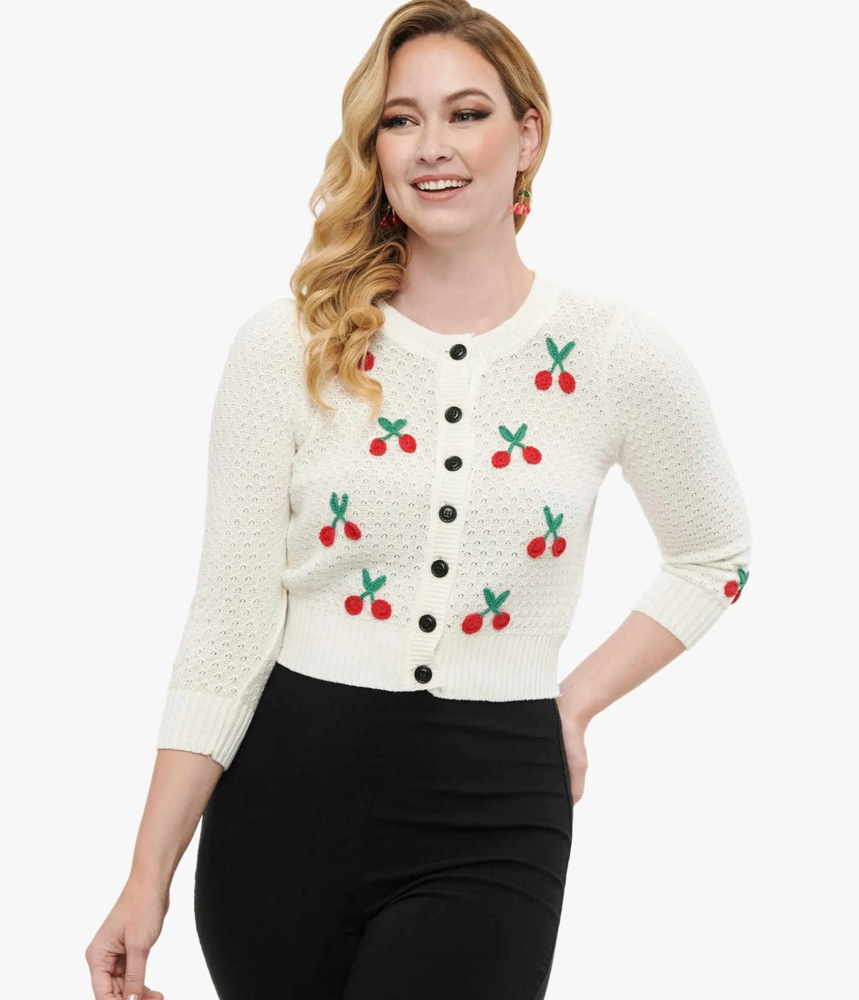 Unique Vintage 1950s Style Ivory Oatmeal & Cherries Crochet Button Up Cardigan Discount