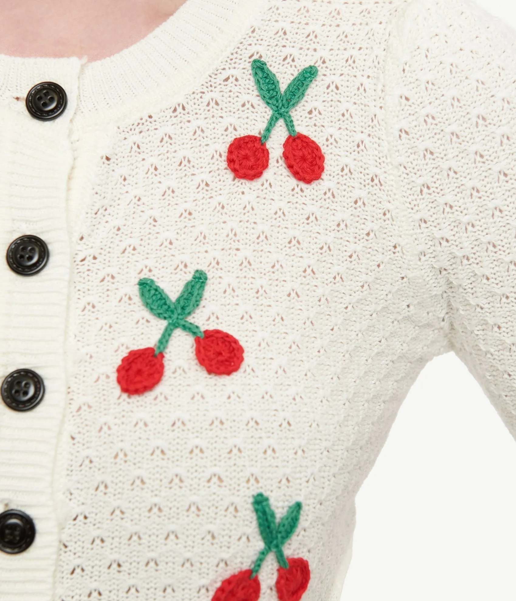 Unique Vintage 1950s Style Ivory Oatmeal & Cherries Crochet Button Up Cardigan Discount