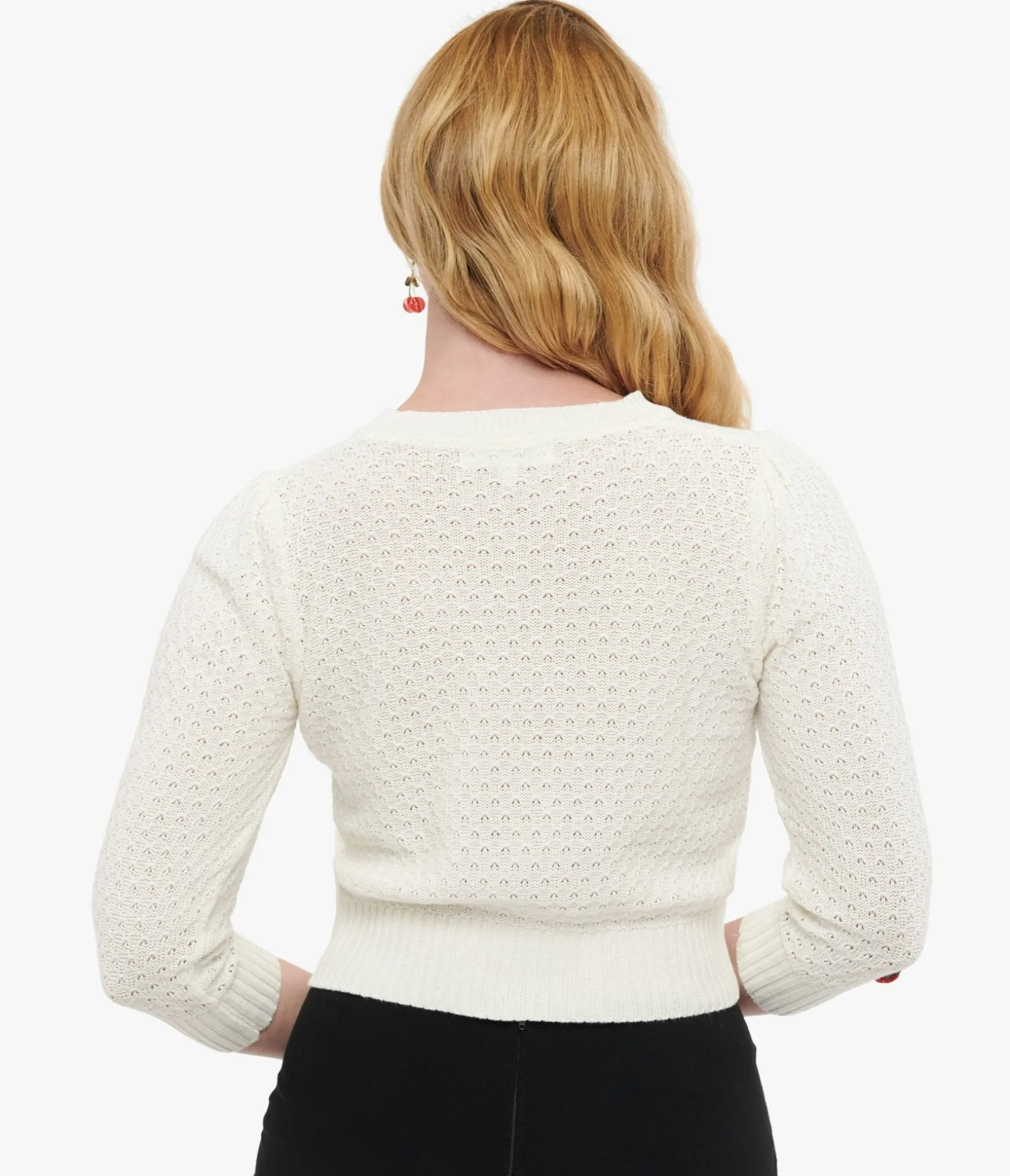Unique Vintage 1950s Style Ivory Oatmeal & Cherries Crochet Button Up Cardigan Discount