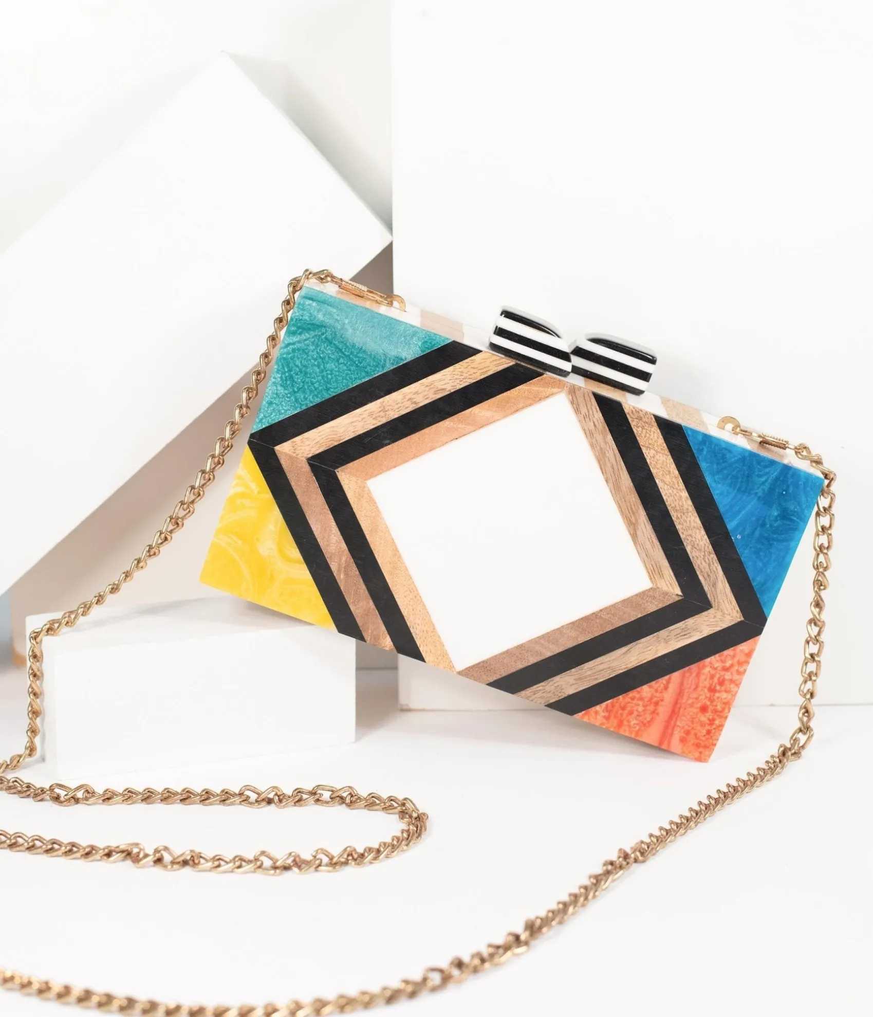 Unique Vintage 1960s Style Rainbow Chevron Wood & Resin Hard Clutch Online