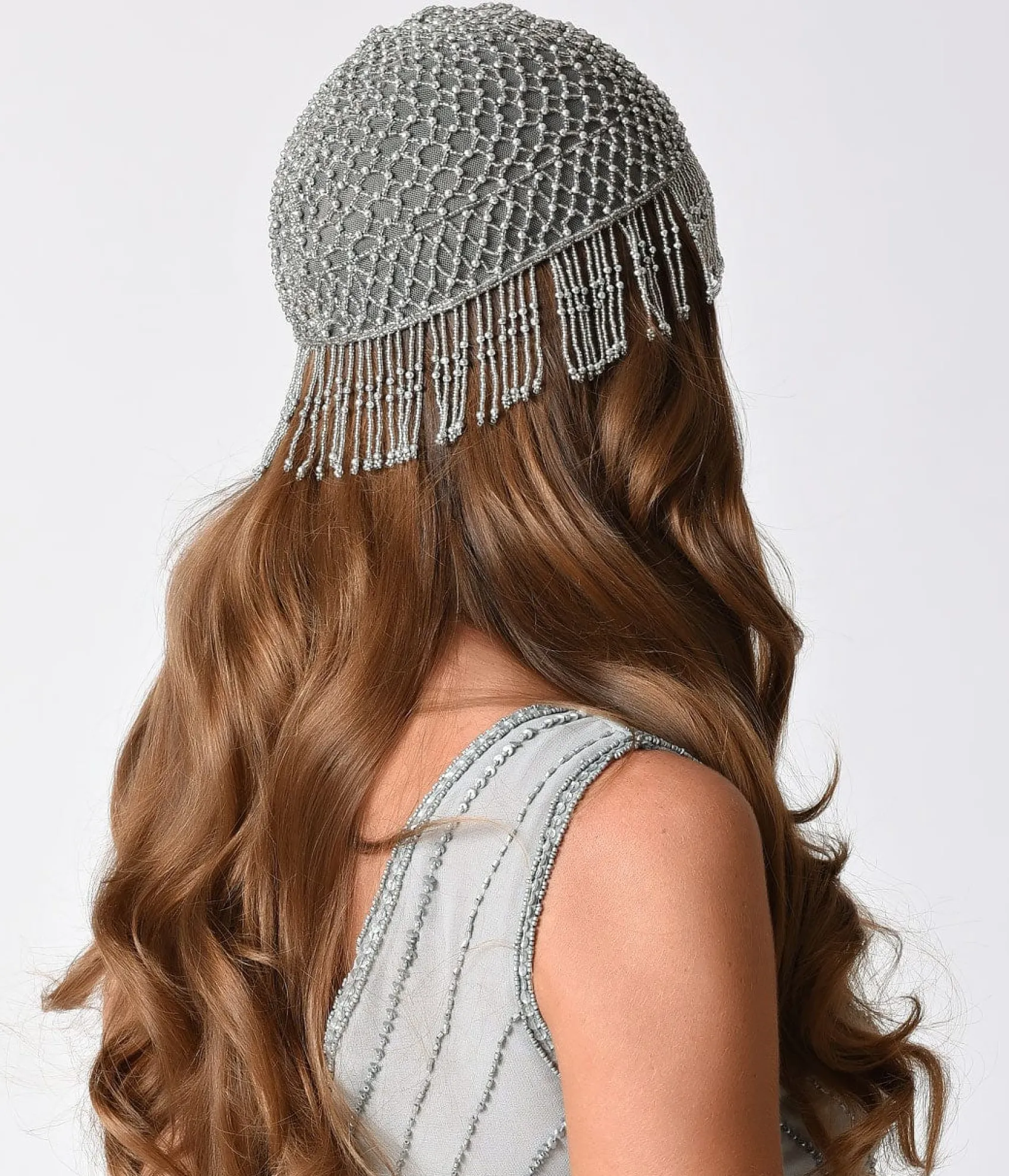 Unique Vintage 1920s Style Silver Beaded Fringe Flapper Cap Best