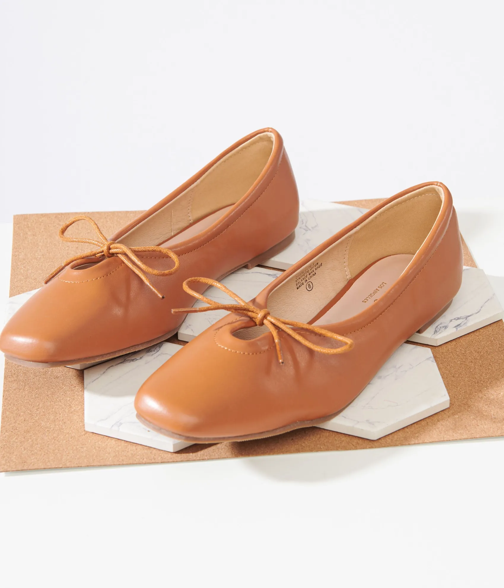 Unique Vintage 1960s Tan Leatherette Bow Ballet Flats Clearance