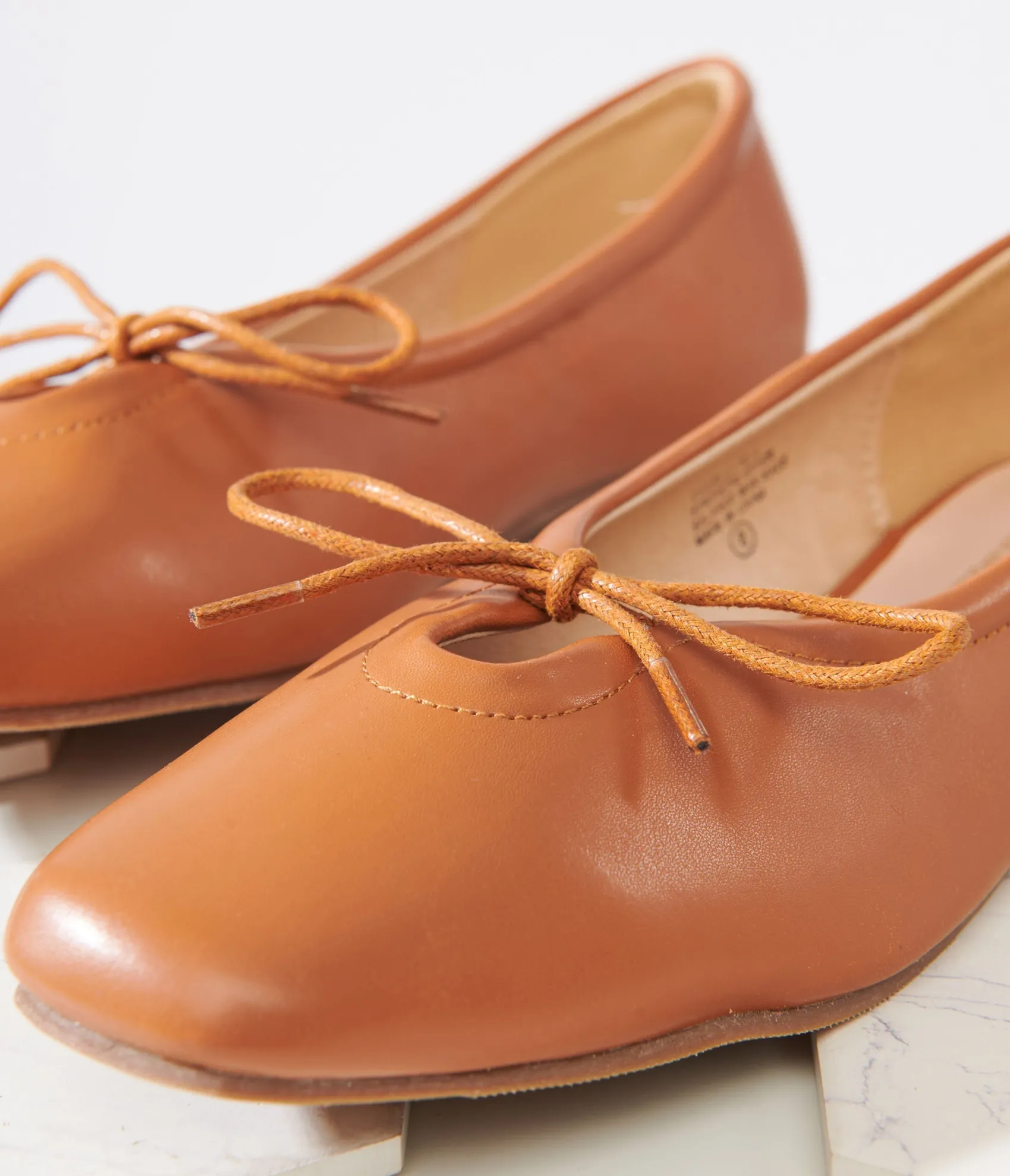 Unique Vintage 1960s Tan Leatherette Bow Ballet Flats Clearance