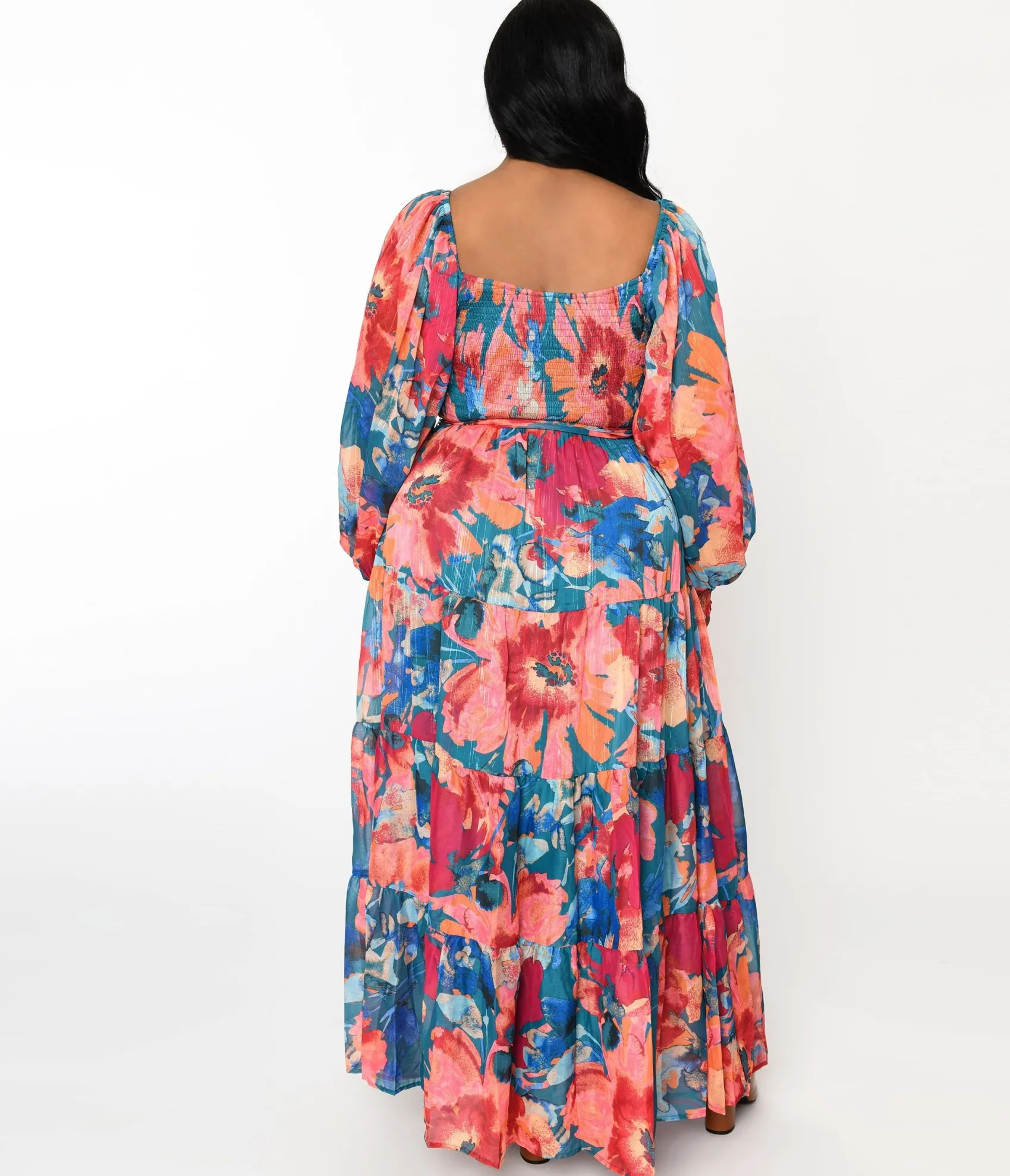 Unique Vintage 1970s Teal & Coral Floral Maxi Dress Cheap