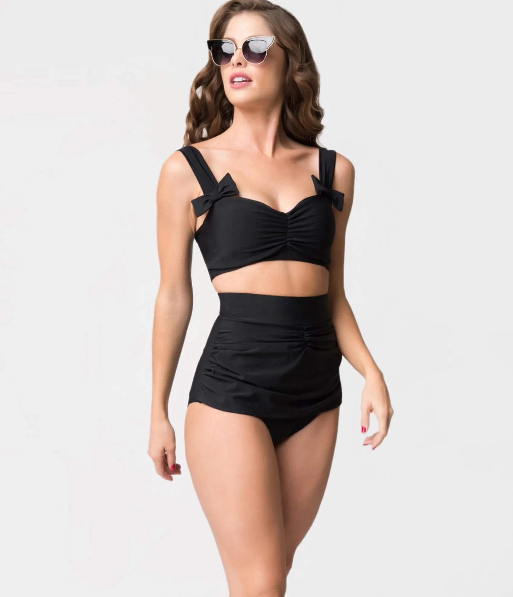 Unique Vintage 1950s Vintage Style Black Bows Swim Top Flash Sale