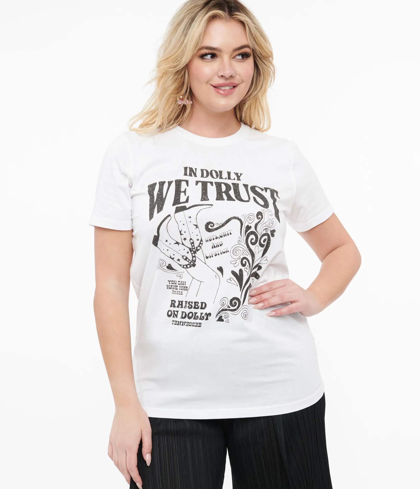 Unique Vintage 1970s White & Black In Dolly We Trust Fitted Graphic Tee Cheap