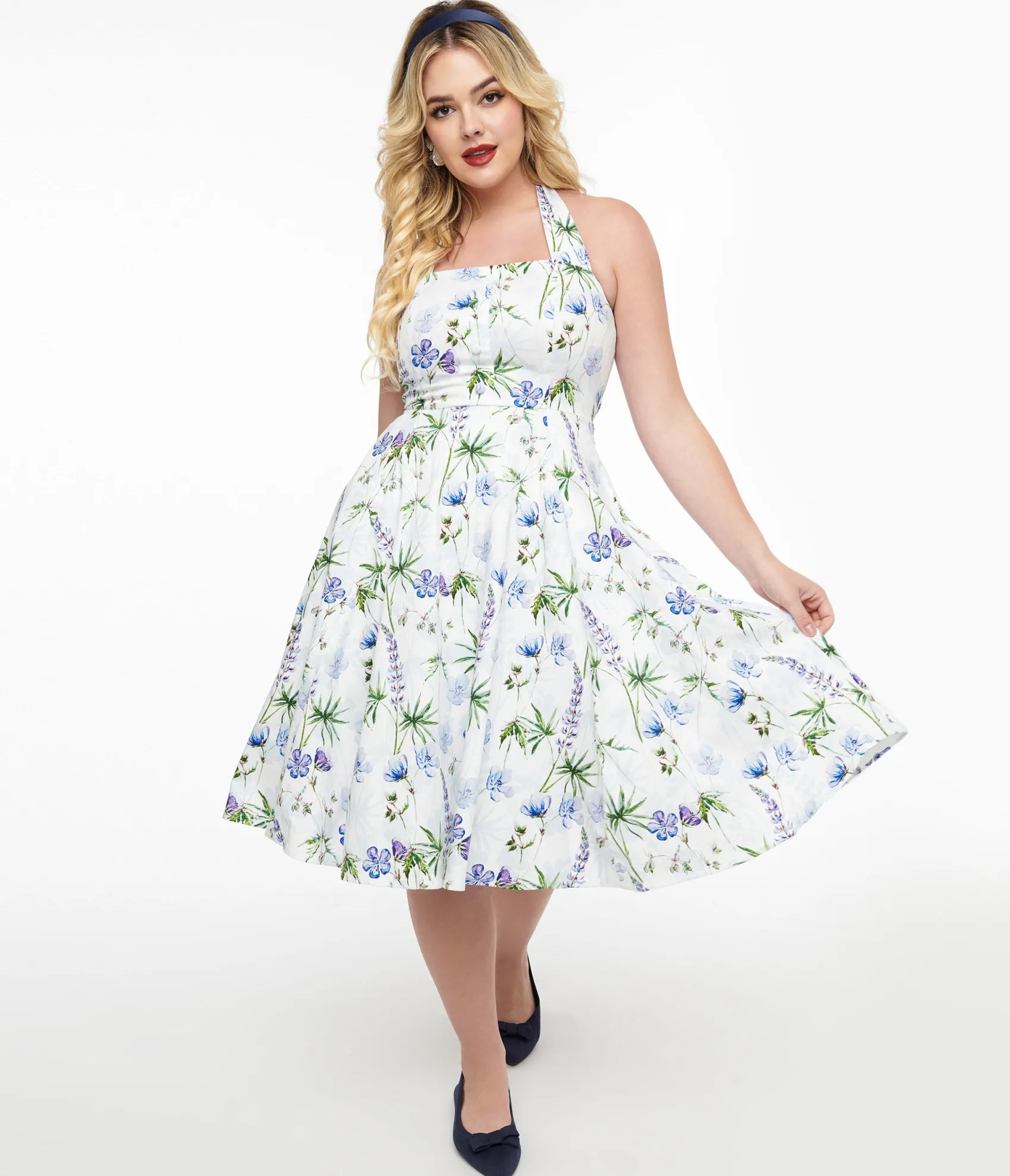 Unique Vintage 1950s White & Purple Floral Cotton Halter Swing Dress Shop