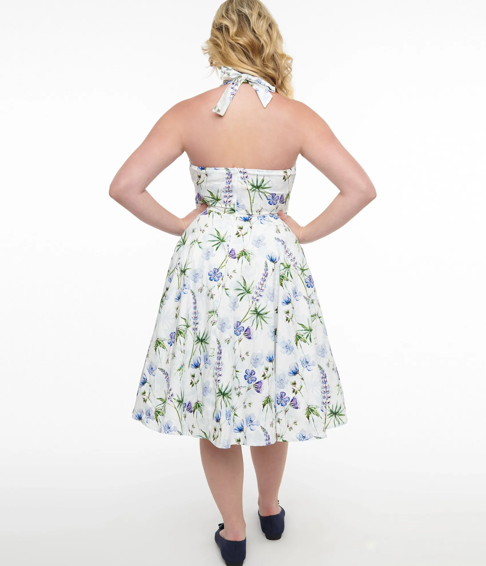 Unique Vintage 1950s White & Purple Floral Cotton Halter Swing Dress Shop