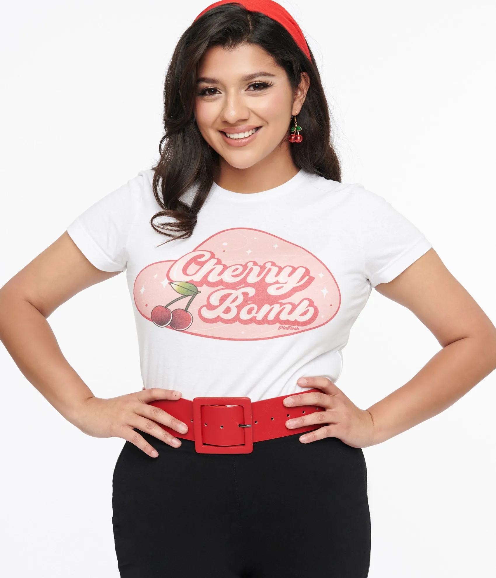 Unique Vintage 1950s White & Red Cherry Bomb Fitted Graphic Tee Flash Sale