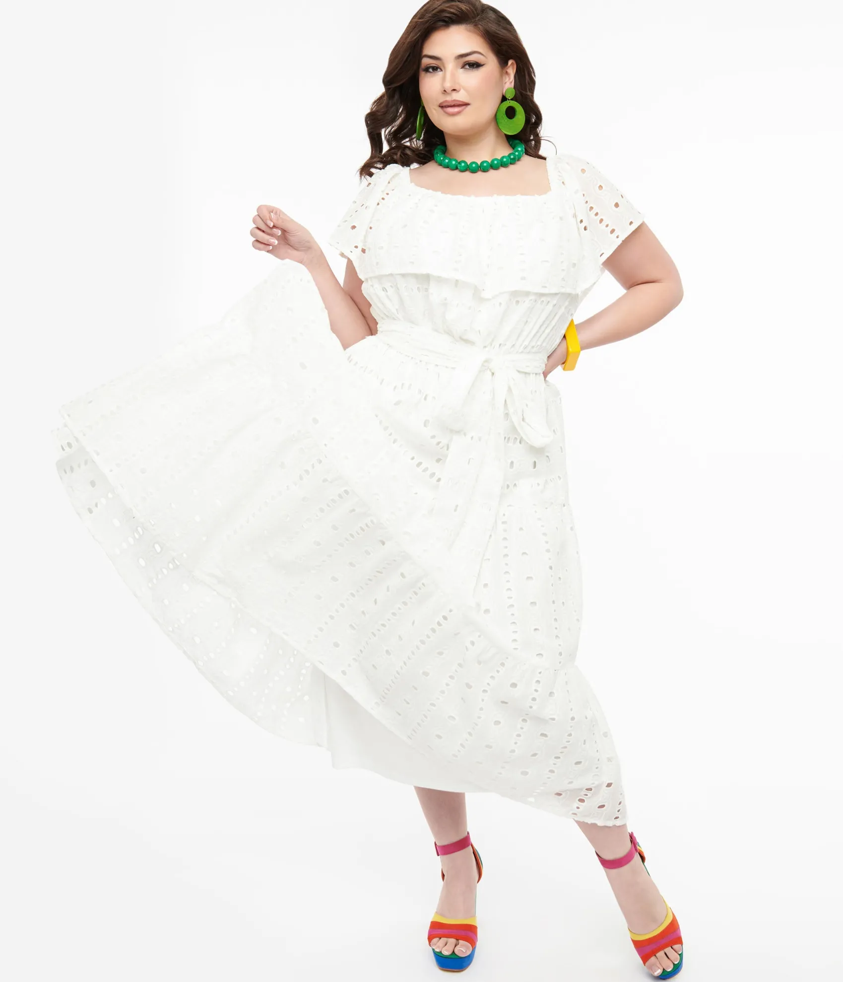 Unique Vintage 1970s White Eyelet Cotton Off The Shoulder Midi Dress Store
